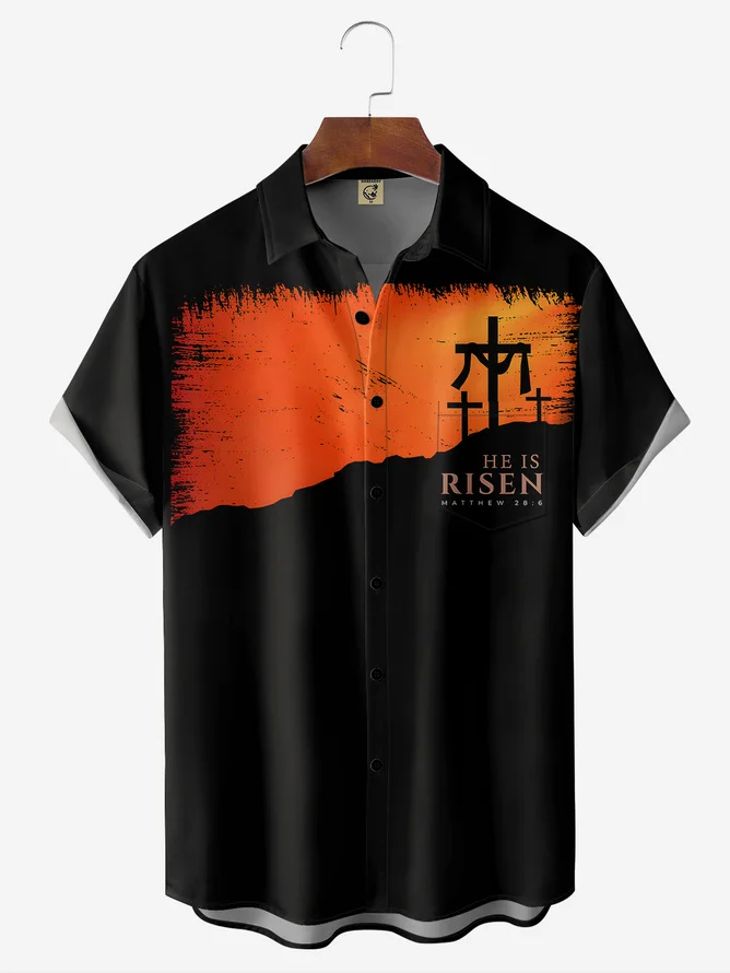 Tall Size Moisture-wicking Easter Cross Chest Pocket Casual Shirt