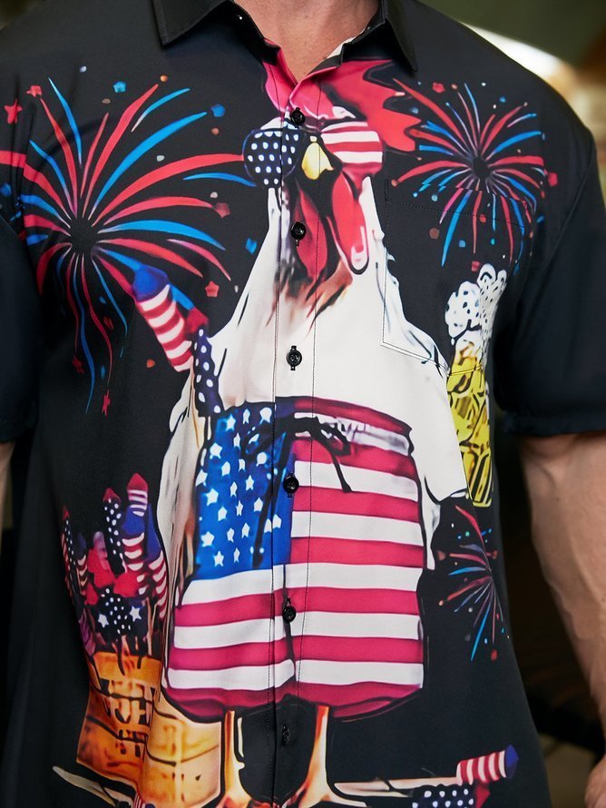 Tall Size Moisture-wicking American Flag Beer Chicken Chest Pocket Hawaiian Shirt