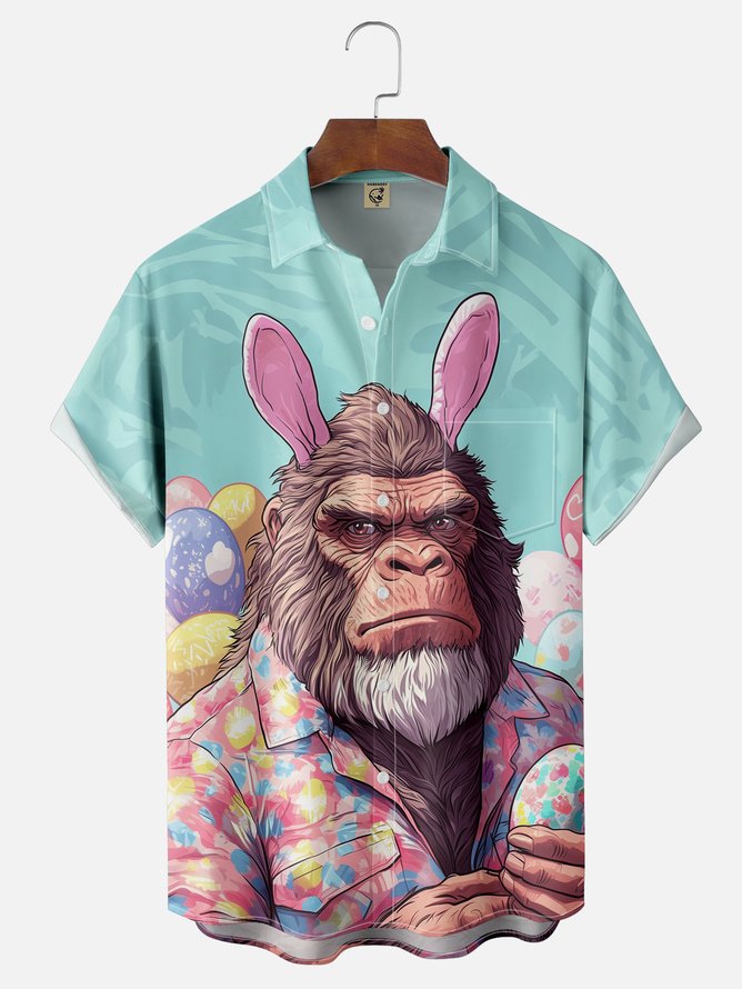 Tall Size Moisture-wicking Easter Bigfoot Bunny Chest Pocket Casual Shirt