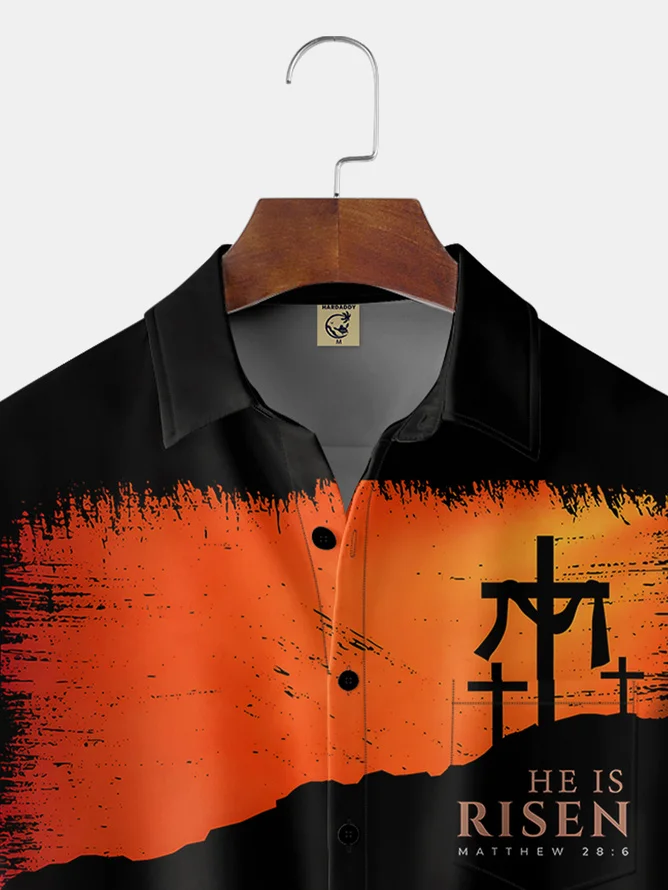 Tall Size Moisture-wicking Easter Cross Chest Pocket Casual Shirt