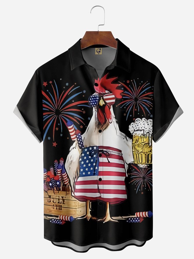 Tall Size Moisture-wicking American Flag Beer Chicken Chest Pocket Hawaiian Shirt