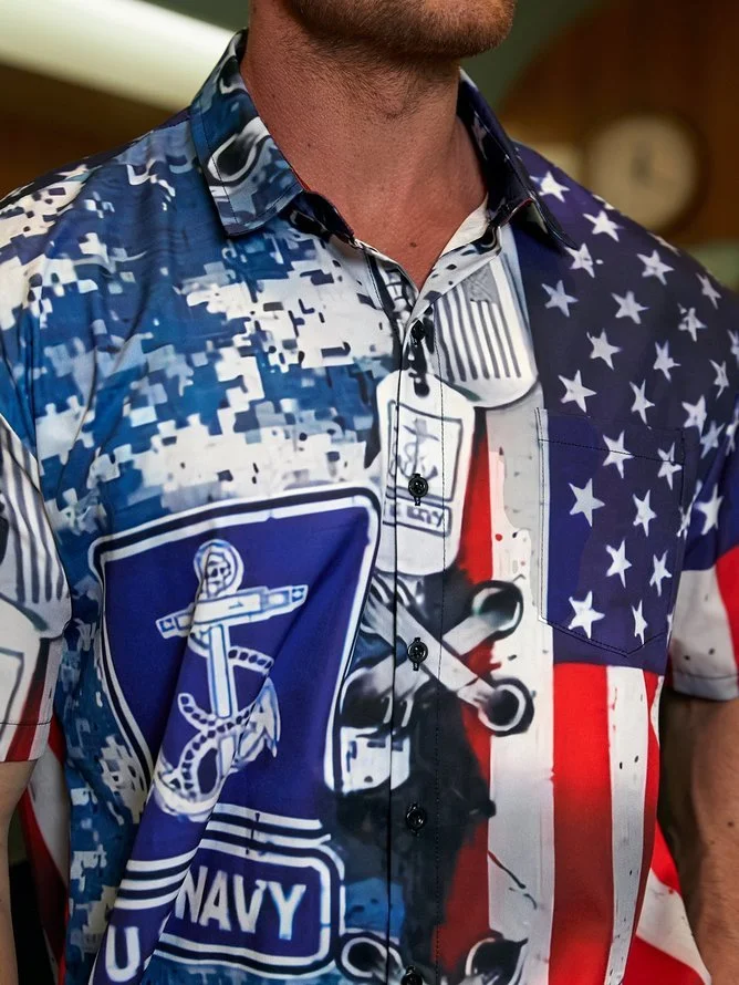 Tall Size Moisture-wicking Memorial Day US Navy Chest Pocket Casual Shirt