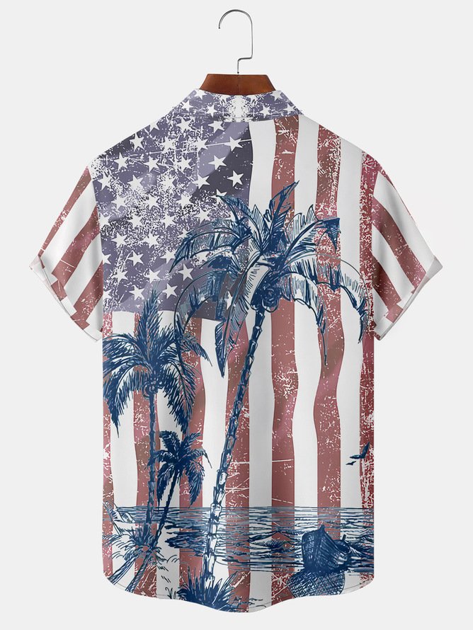 Tall Size Moisture-wicking American Flag Palm Tree Chest Pocket Hawaiian Shirt