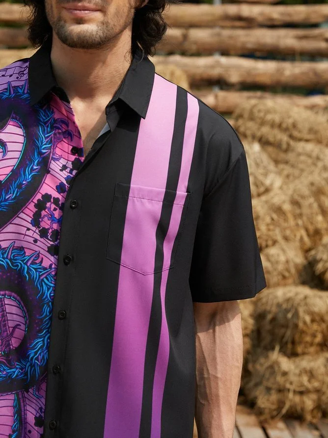 Tall Size Moisture-wicking Music Note Chest Pocket Bowling Shirt