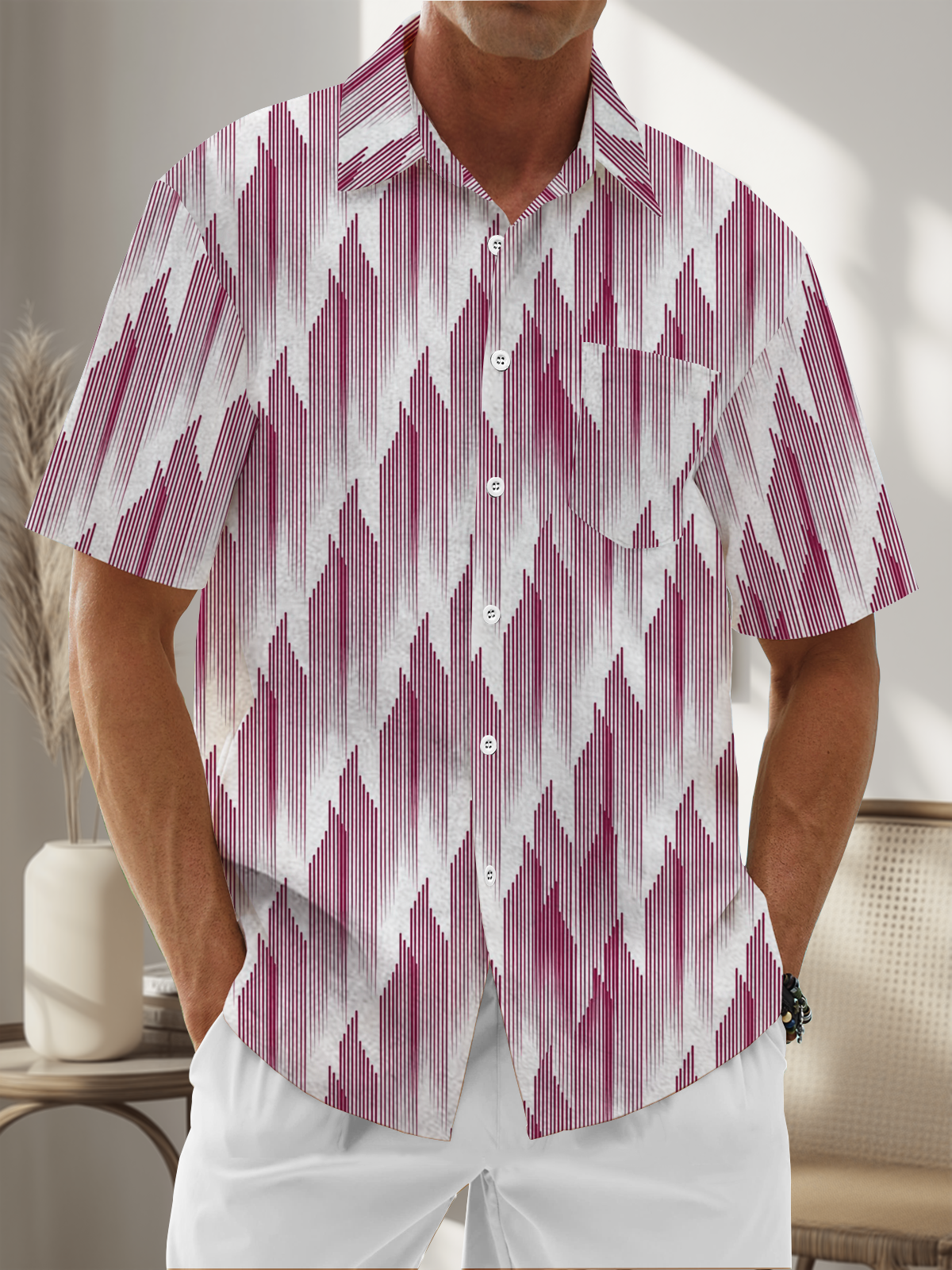 Moisture Wicking Abstract Geometric Chest Pocket Casual Shirt