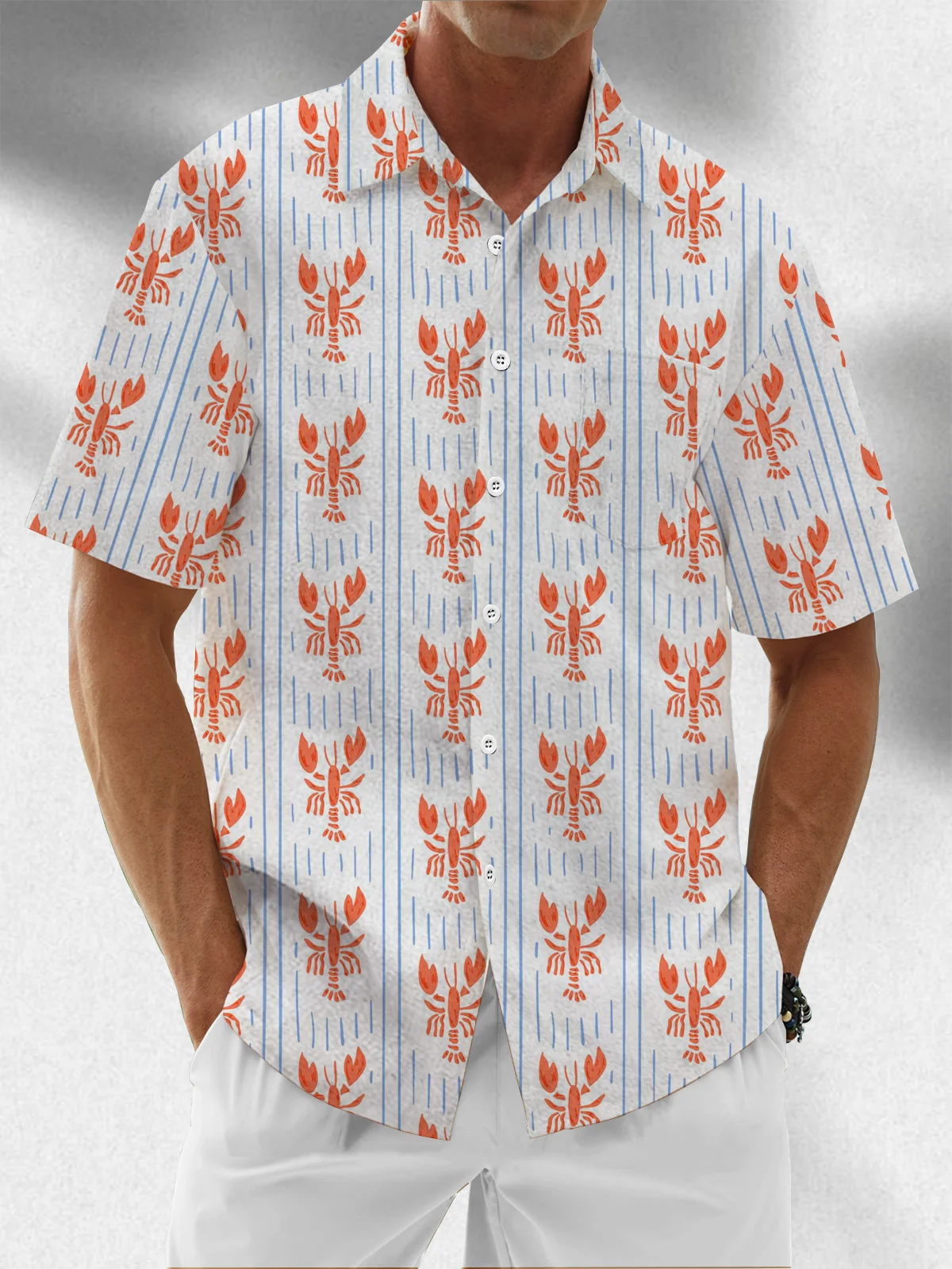 Moisture Wicking Striped Lobster Chest Pocket Casual Hawaiian Shirt
