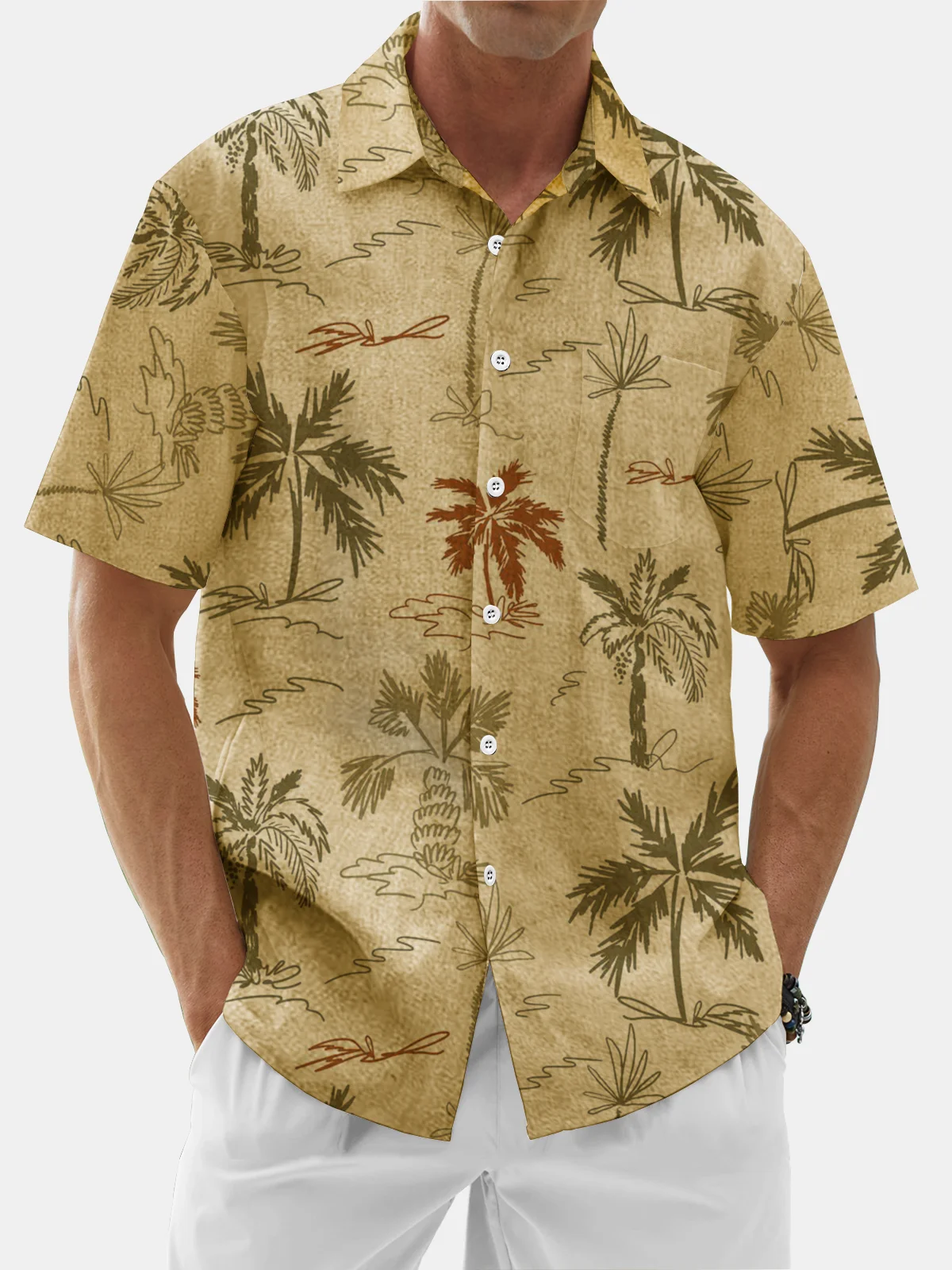 Moisture Wicking Coconut Tree Floral Chest Pocket Casual Hawaiian Shirt