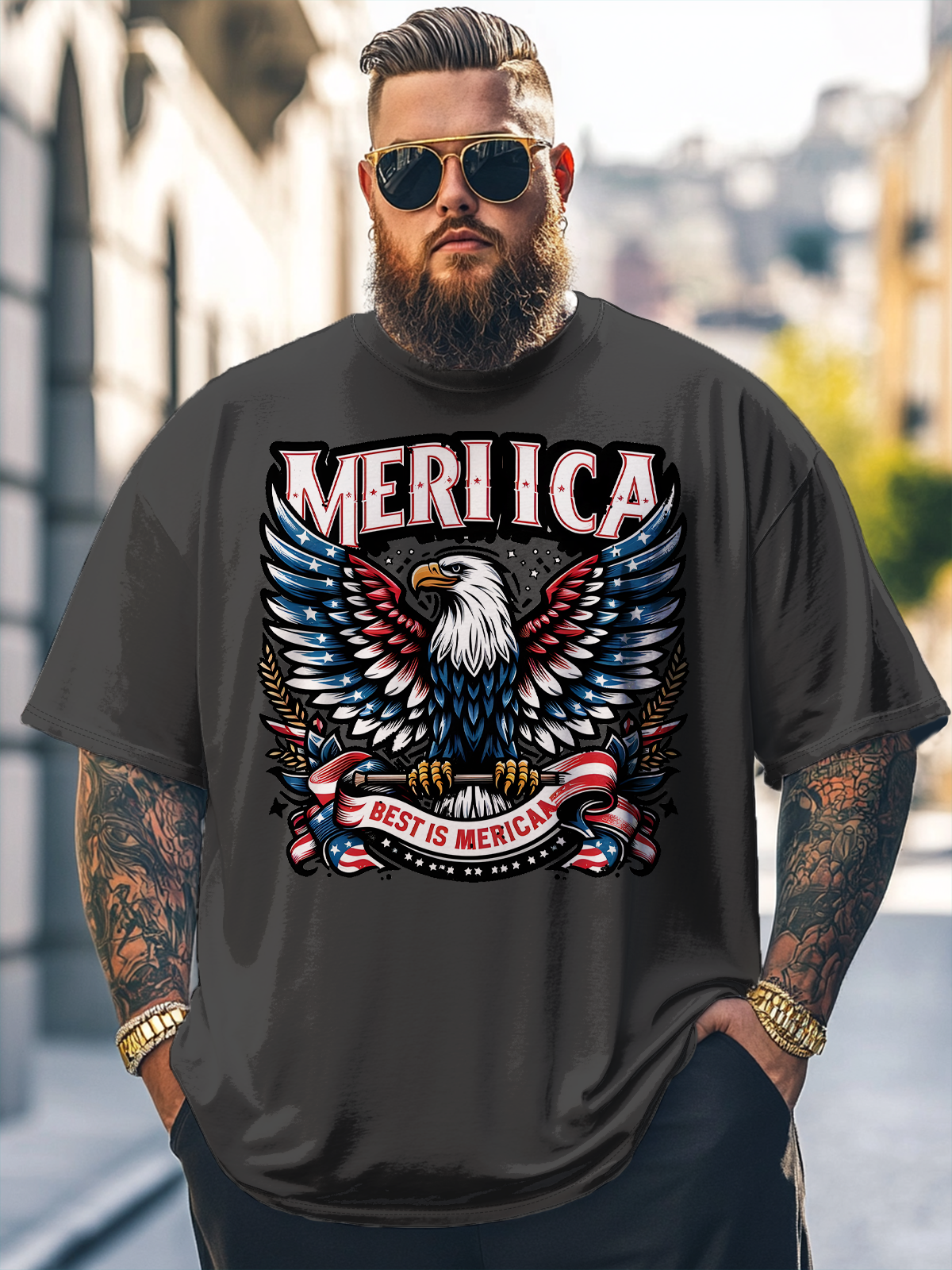 Big Size Men's Independence Day Bald Eagle Art USA Loose T-shirt