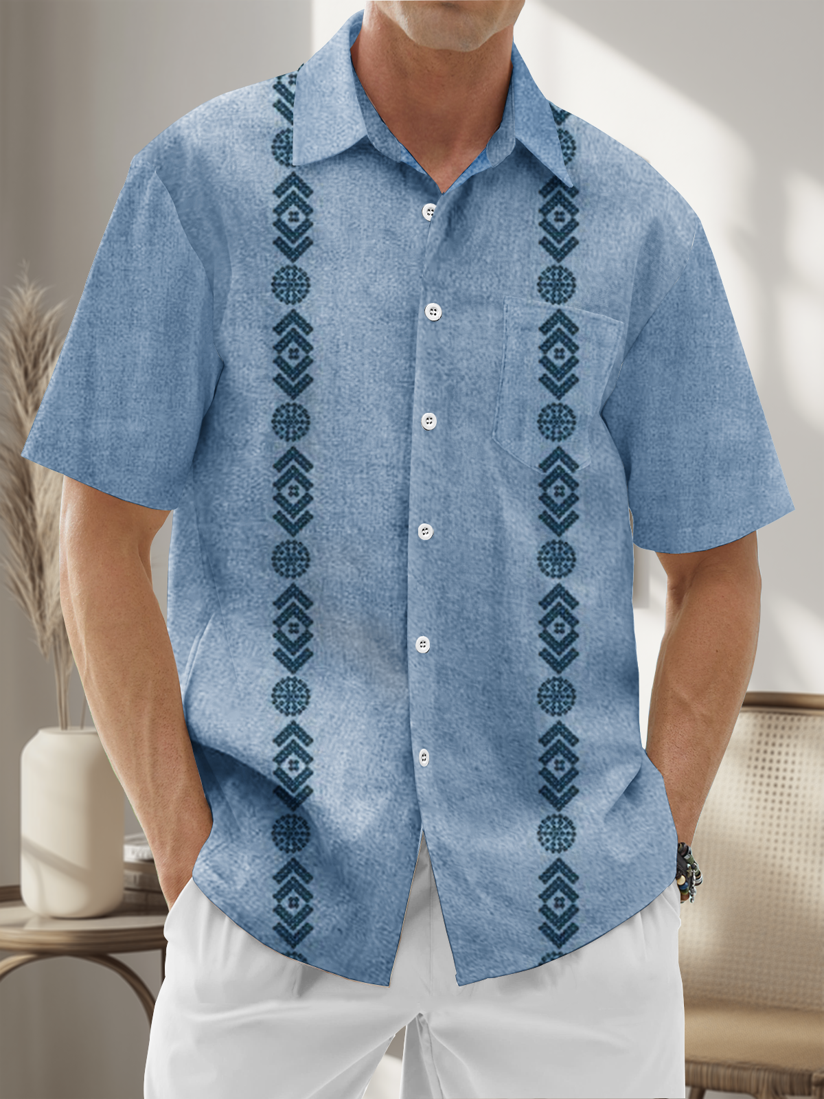 Moisture Wicking Stripes Chest Pocket Casual Guayabera Shirt
