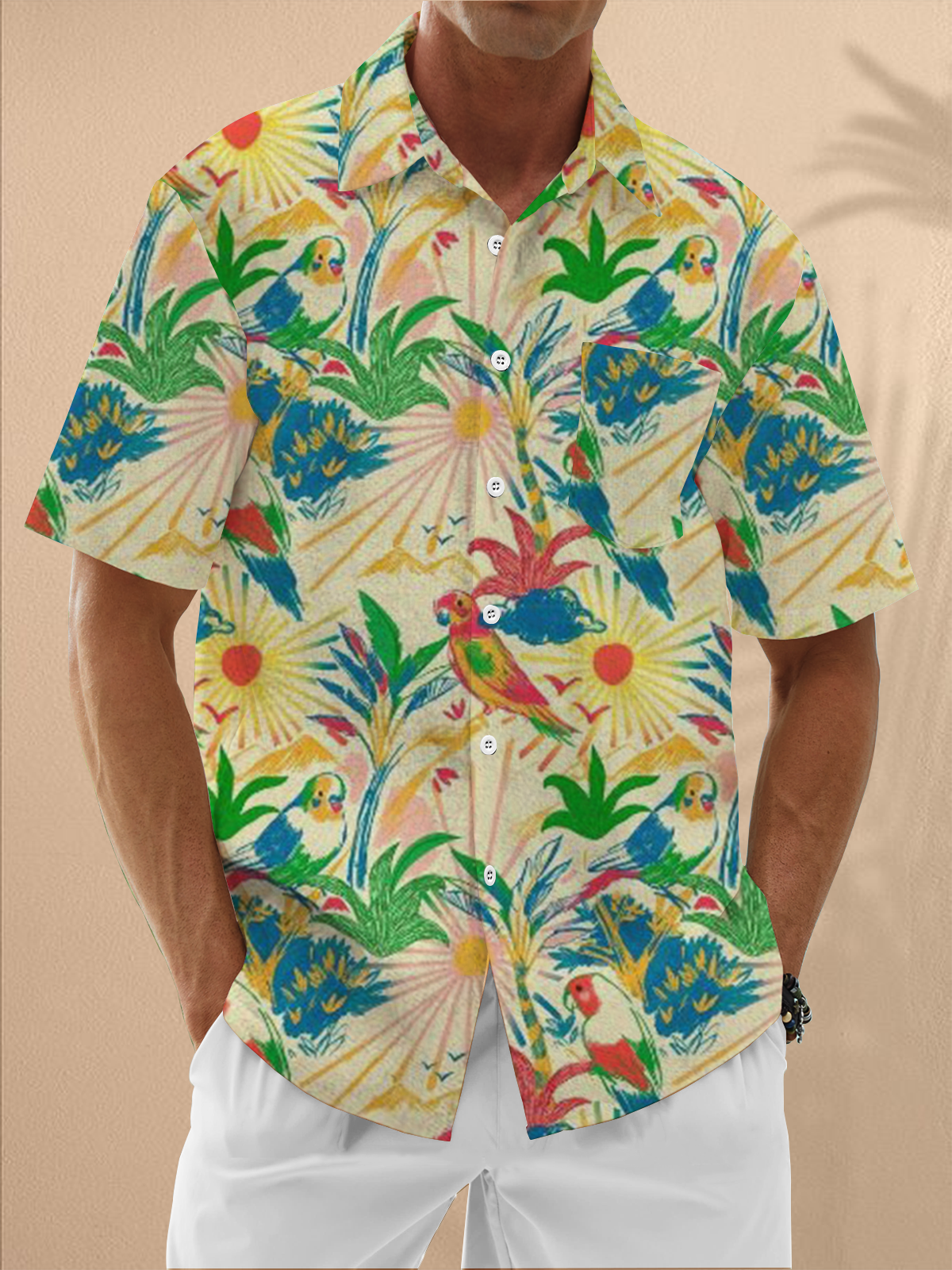 Moisture Wicking Floral Parrot Chest Pocket Casual Hawaiian Shirt