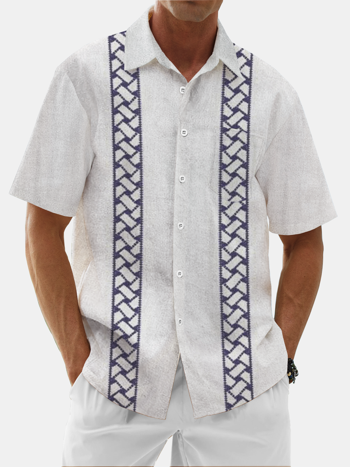 Moisture Wicking Stripes Chest Pocket Casual Guayabera Shirt