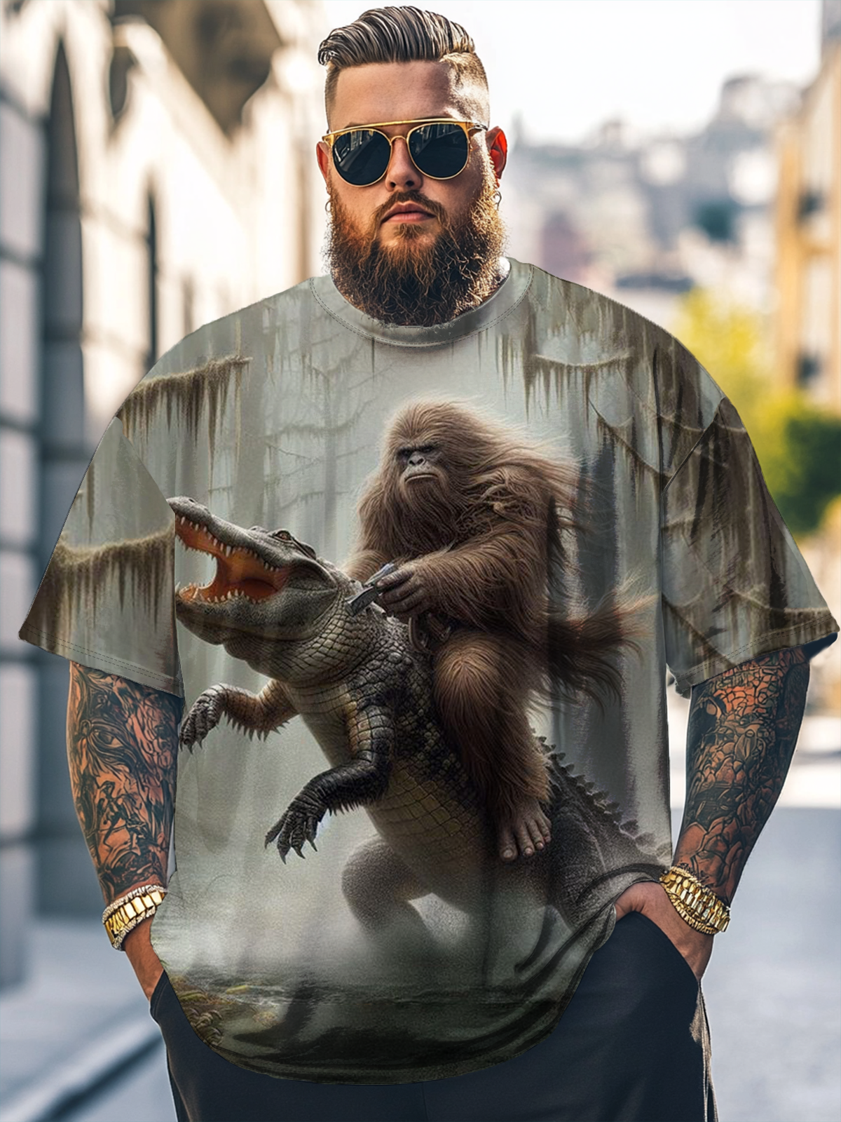 Big Size Men's Bigfoot vs Alligator Loose T-shirt