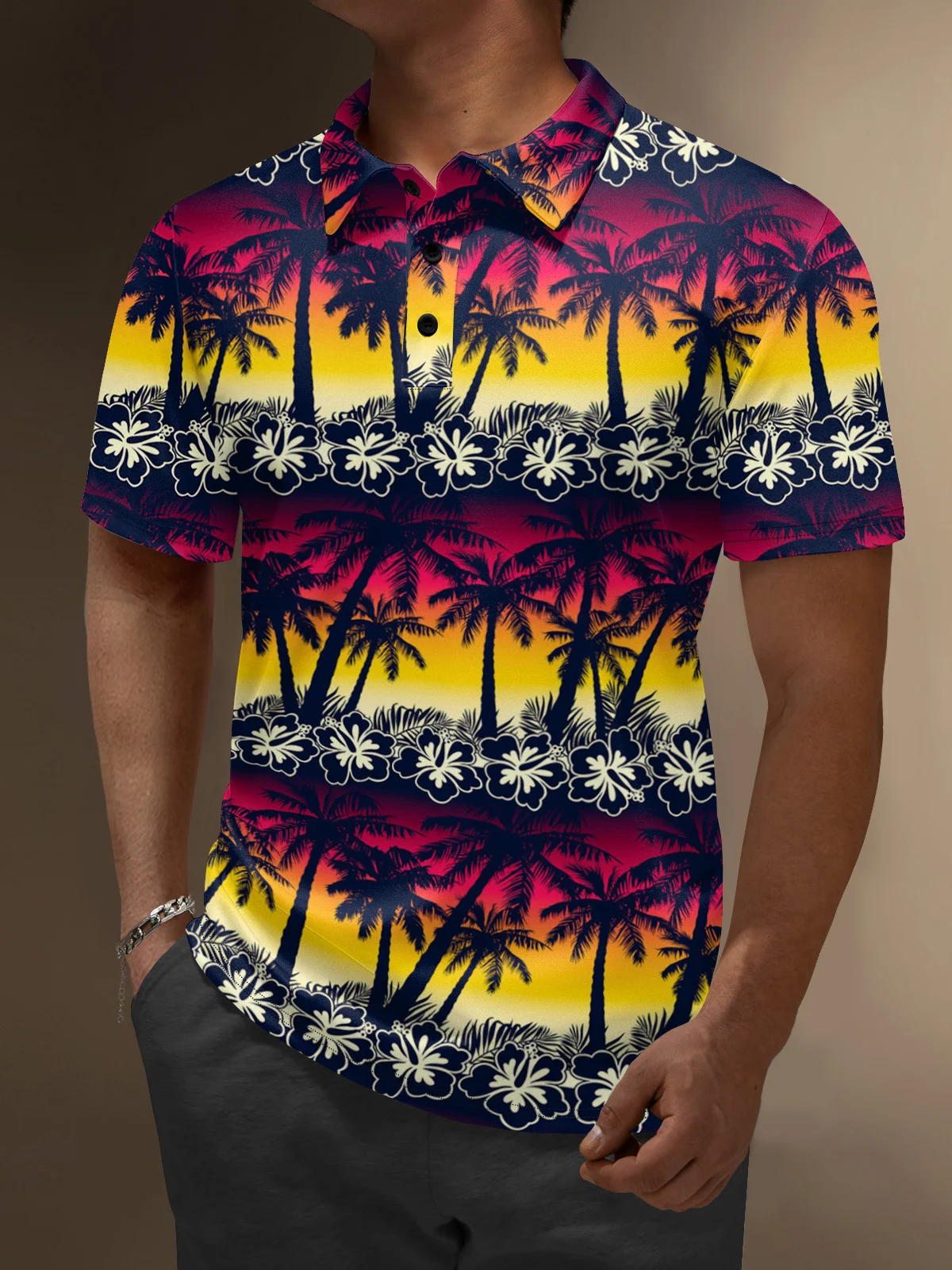 Moisture Wicking Hawaiian Coconut Tree Flowers Gradient Color Golf Polo