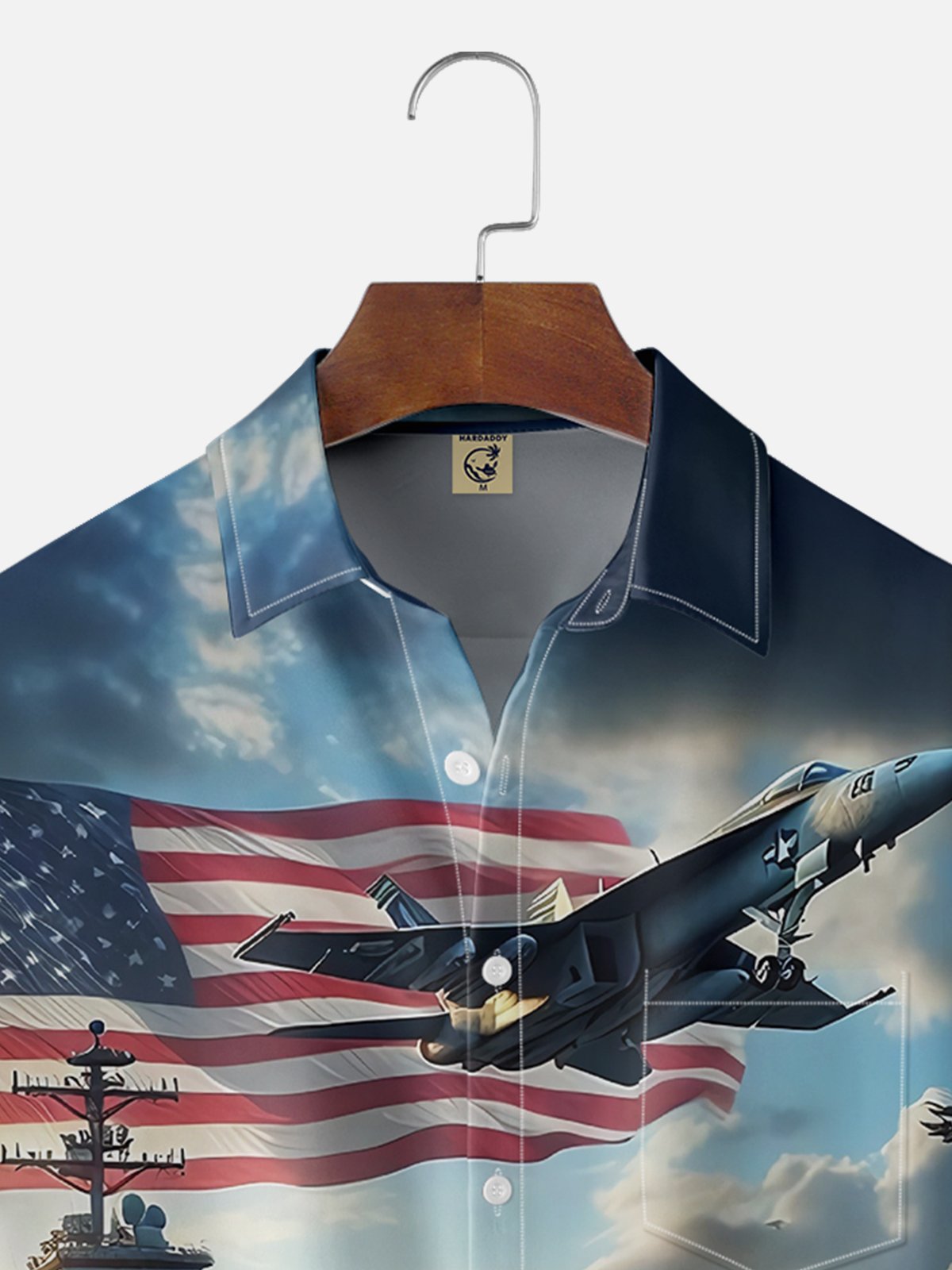 Moisture-wicking Memorial Day Navy Aircraft Carrier American Flag Chest Pocket Casual Shirt