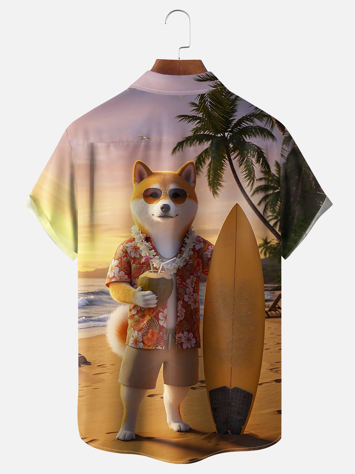 Moisture-wicking Shiba Inu Beach Vacation Fun Chest Pocket Hawaiian Shirt