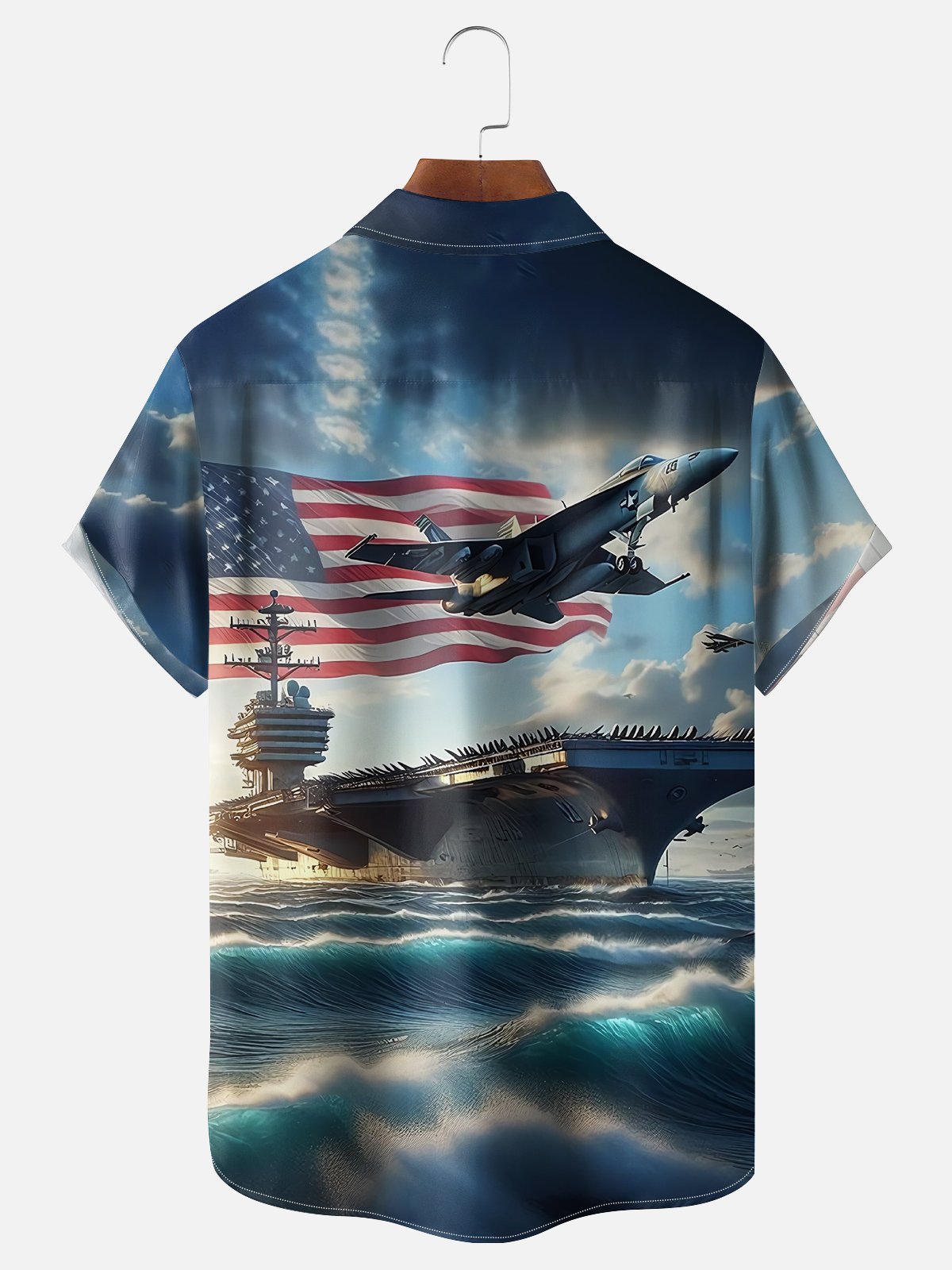 Moisture-wicking Memorial Day Navy Aircraft Carrier American Flag Chest Pocket Casual Shirt