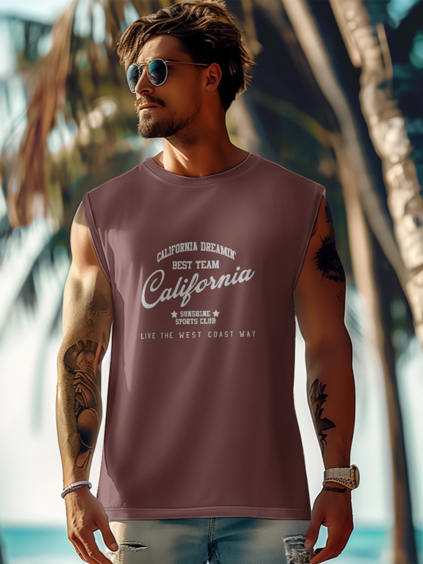 Mens Crewneck Tank Tops California Beach Sleeveless Shirt