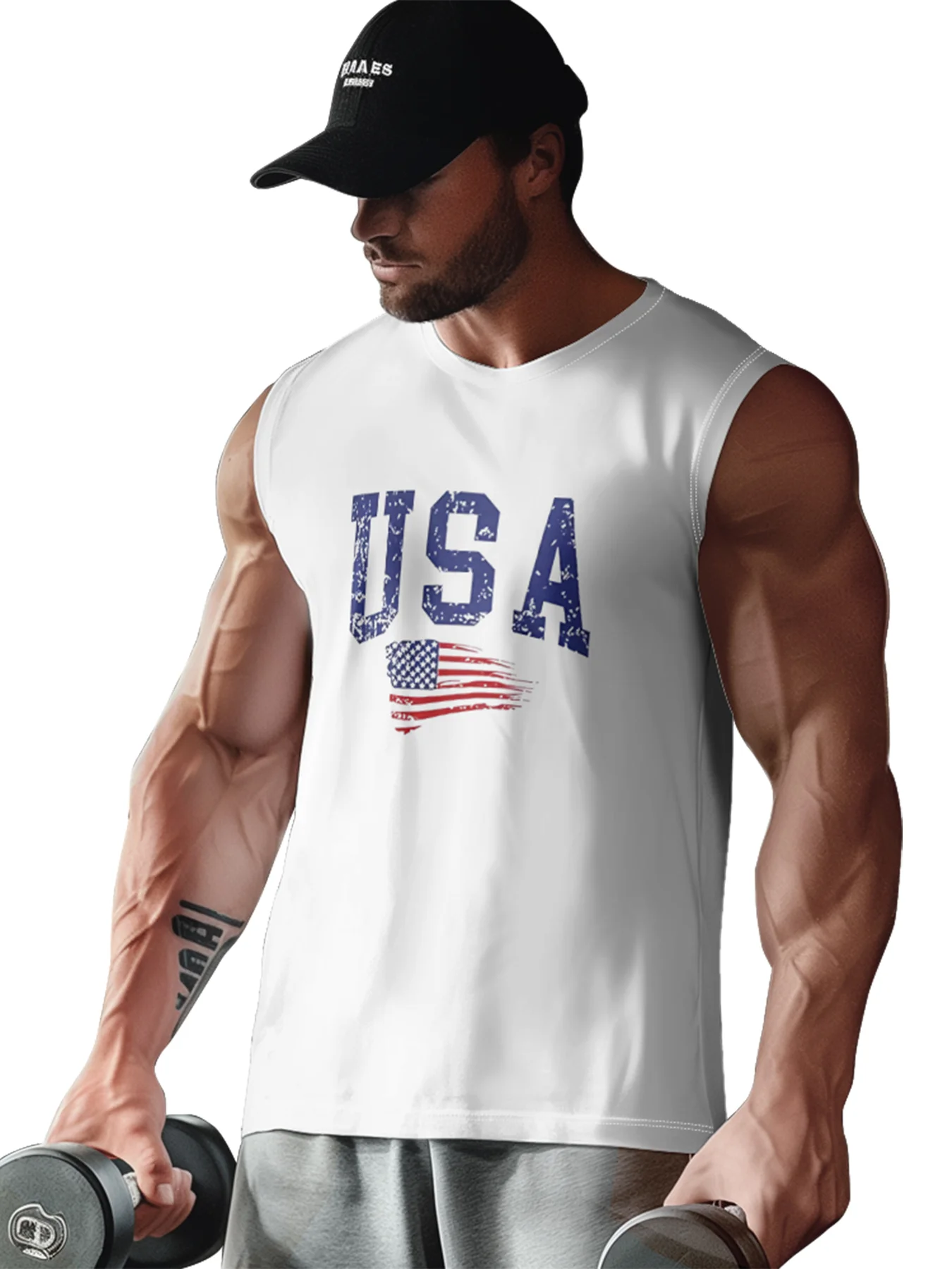 Mens Crewneck Tank Tops American Flag USA Beach Sleeveless Shirt