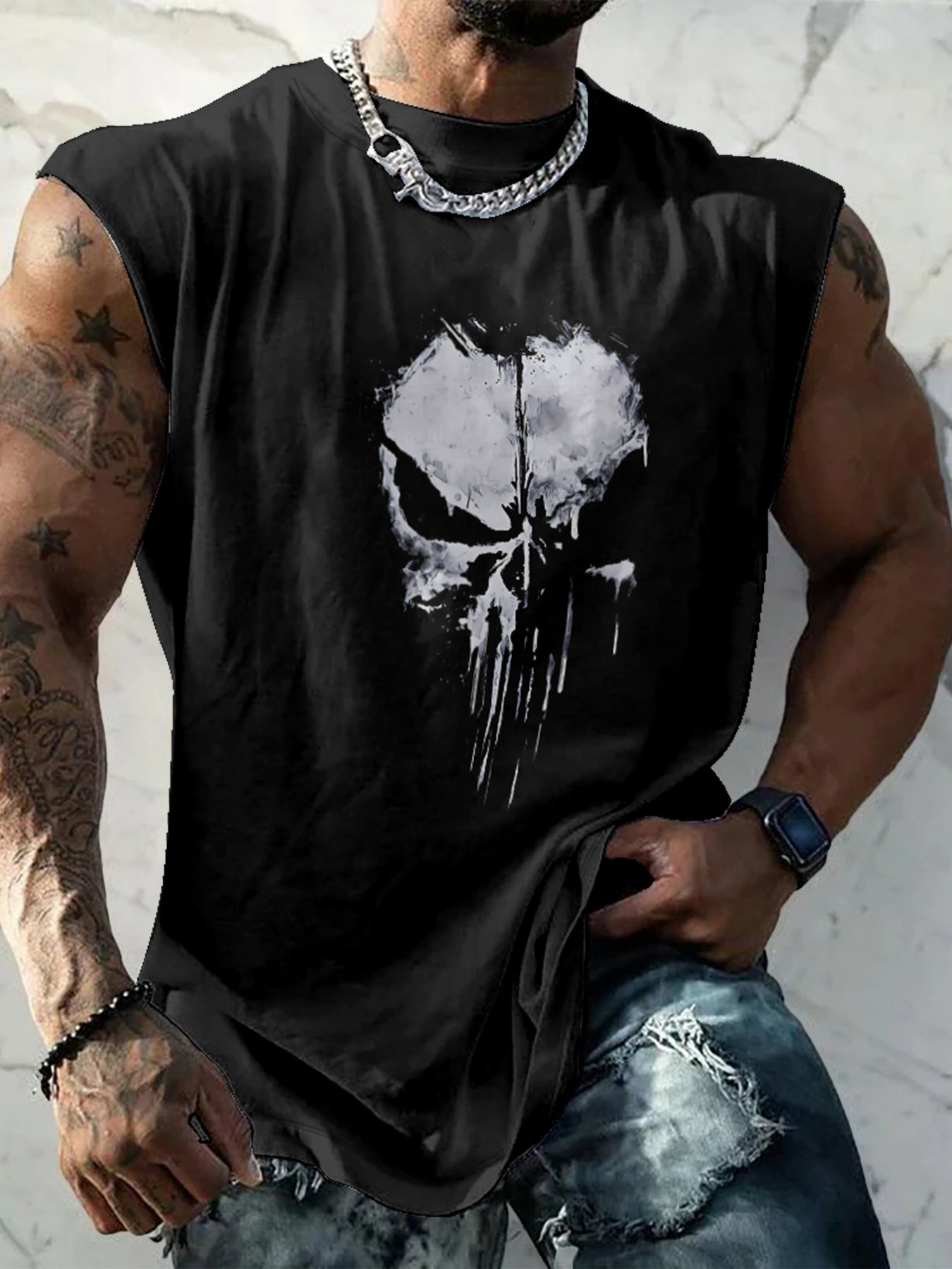 Mens Crewneck Tank Tops Rock Skull Beach Sleeveless Shirt