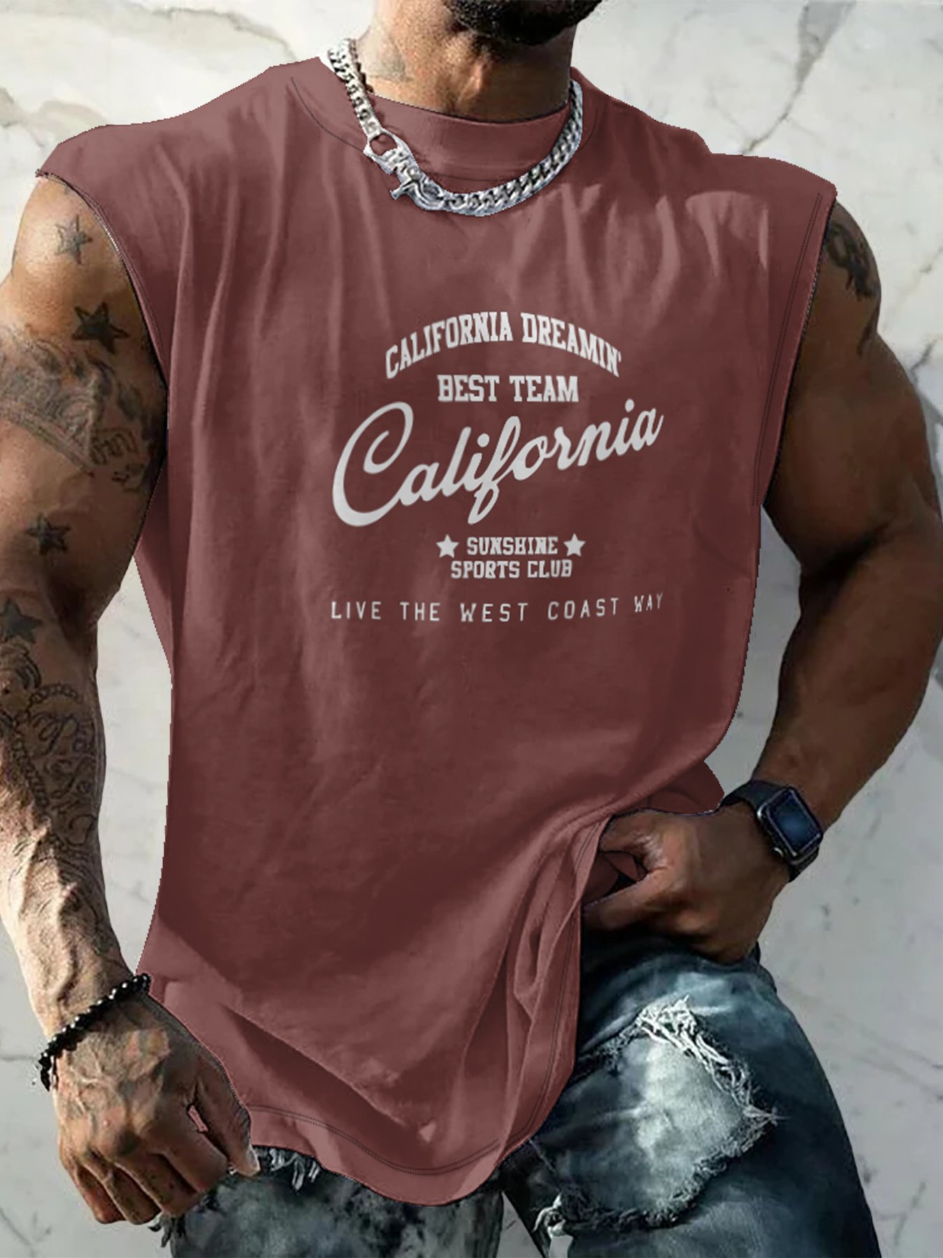 Mens Crewneck Tank Tops California Beach Sleeveless Shirt