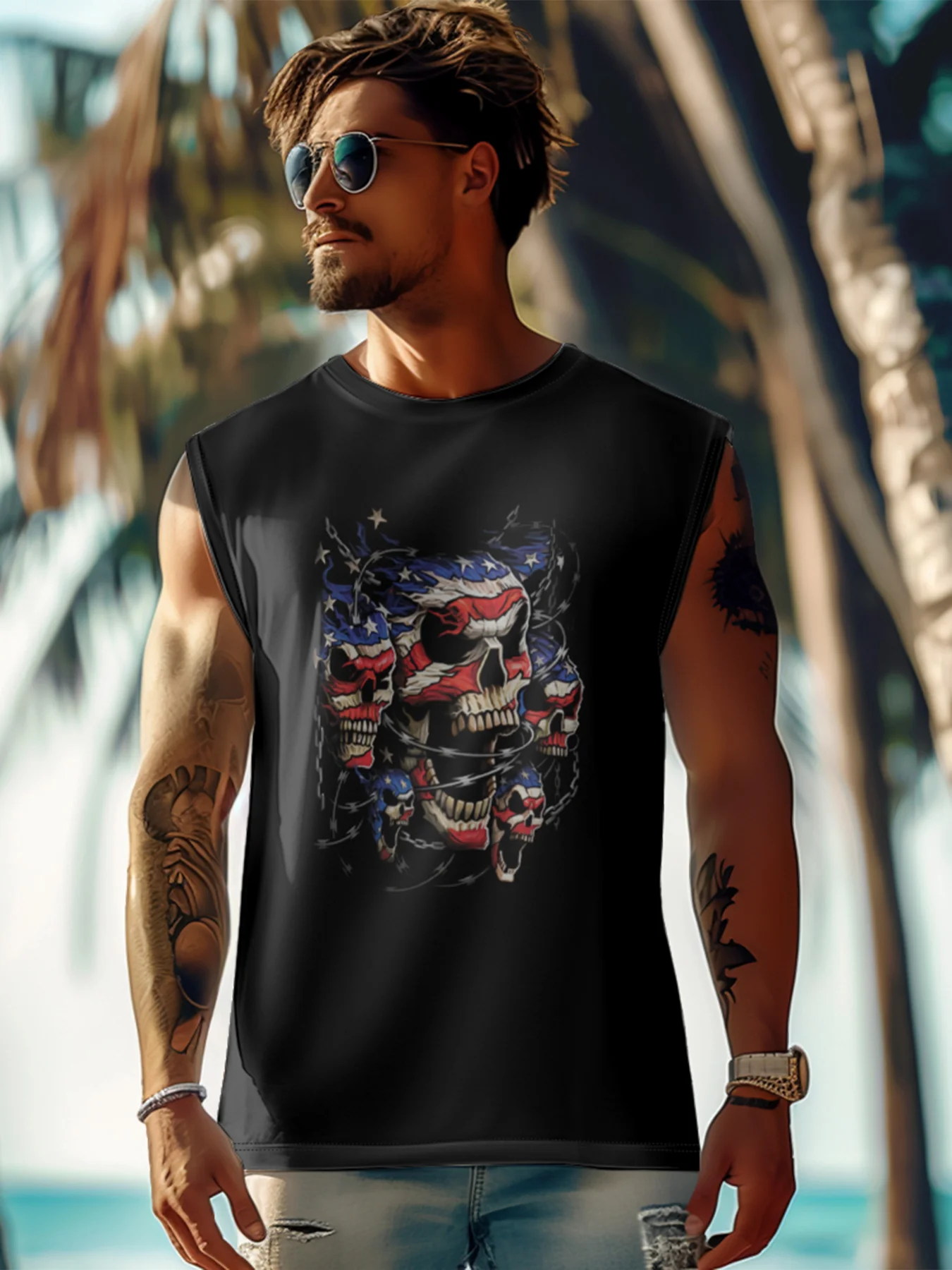 Mens Crewneck Tank Tops American Flag Skull Beach Sleeveless Shirt