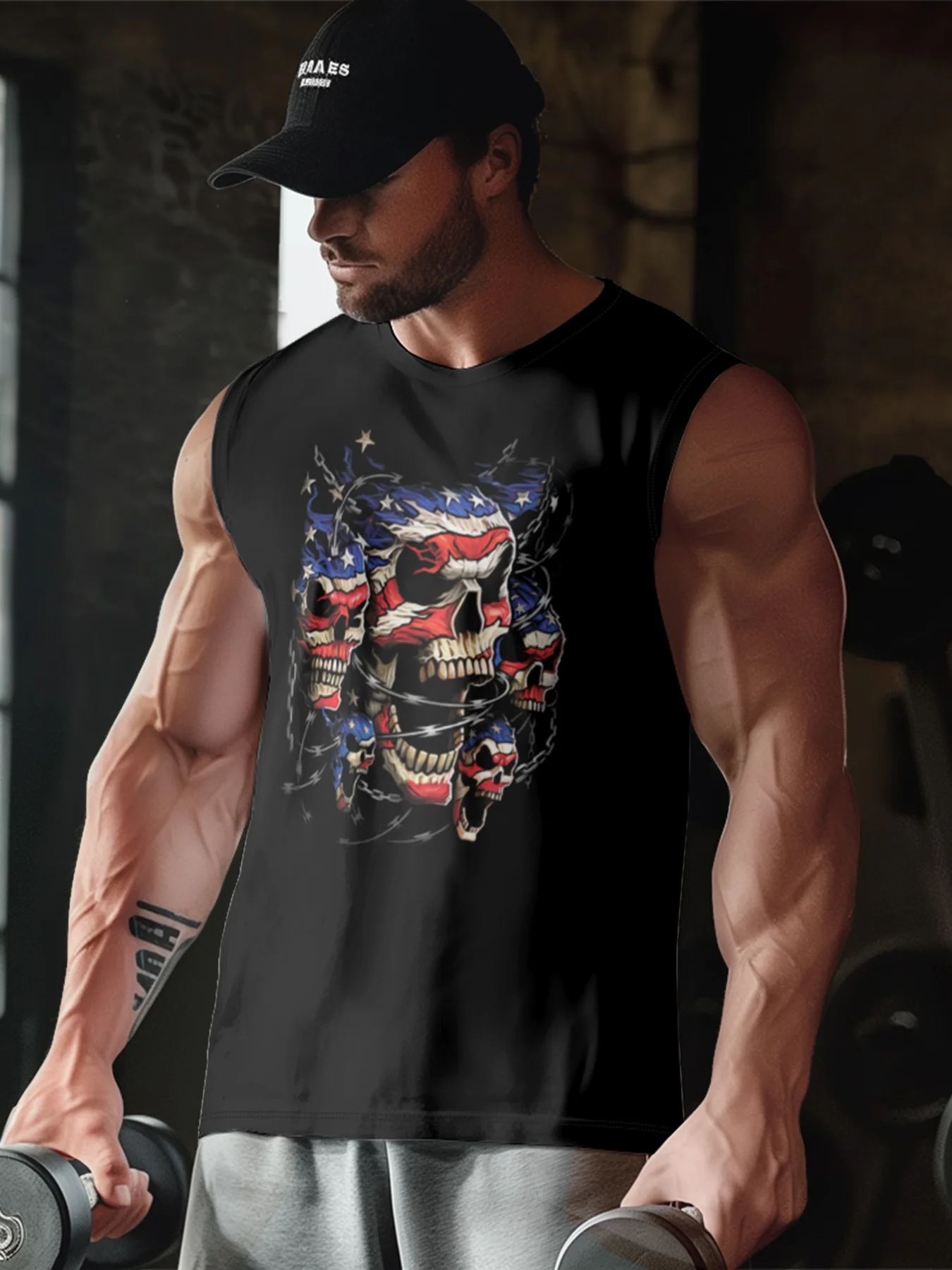 Mens Crewneck Tank Tops American Flag Skull Beach Sleeveless Shirt