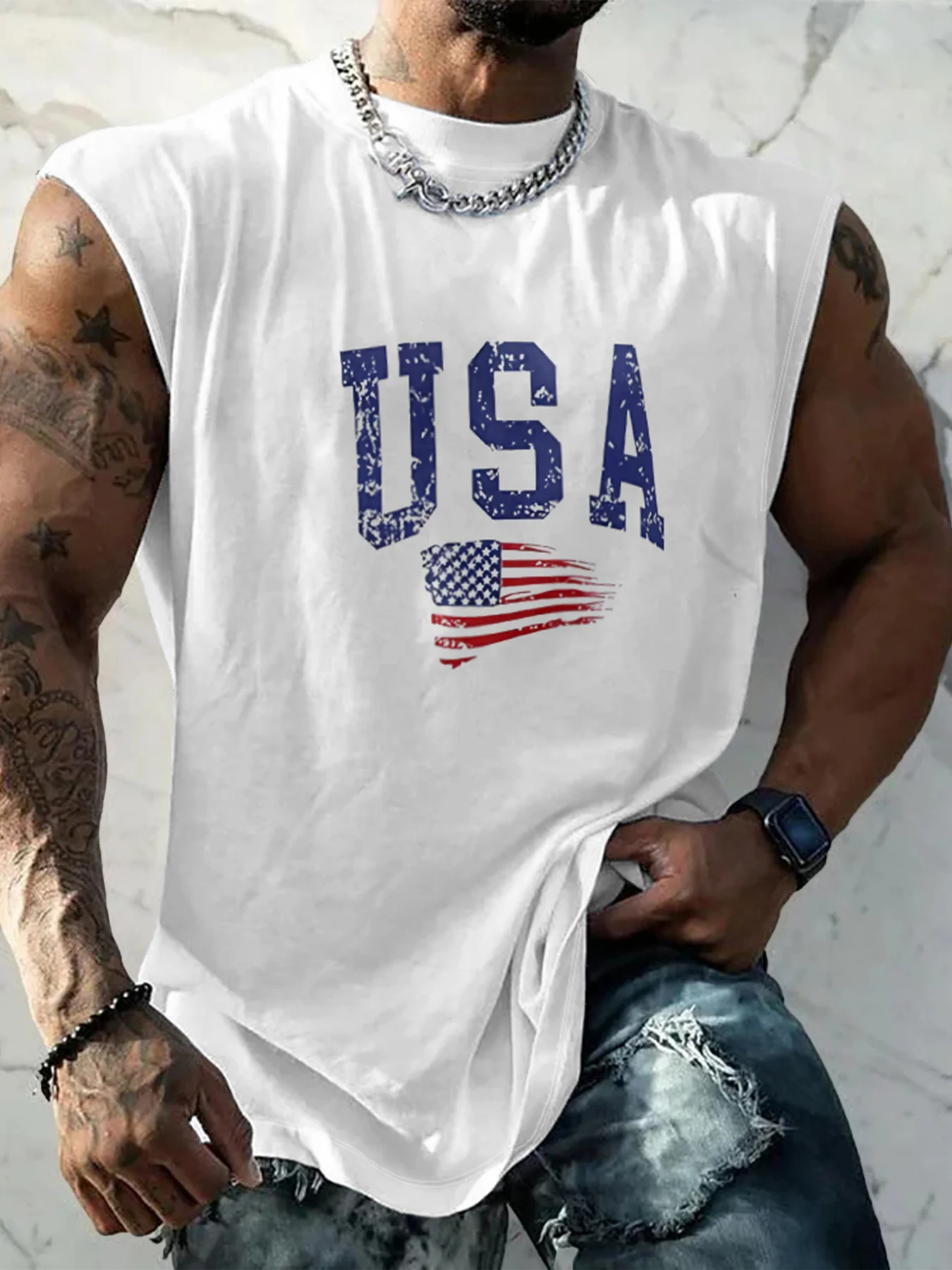 Mens Crewneck Tank Tops American Flag USA Beach Sleeveless Shirt