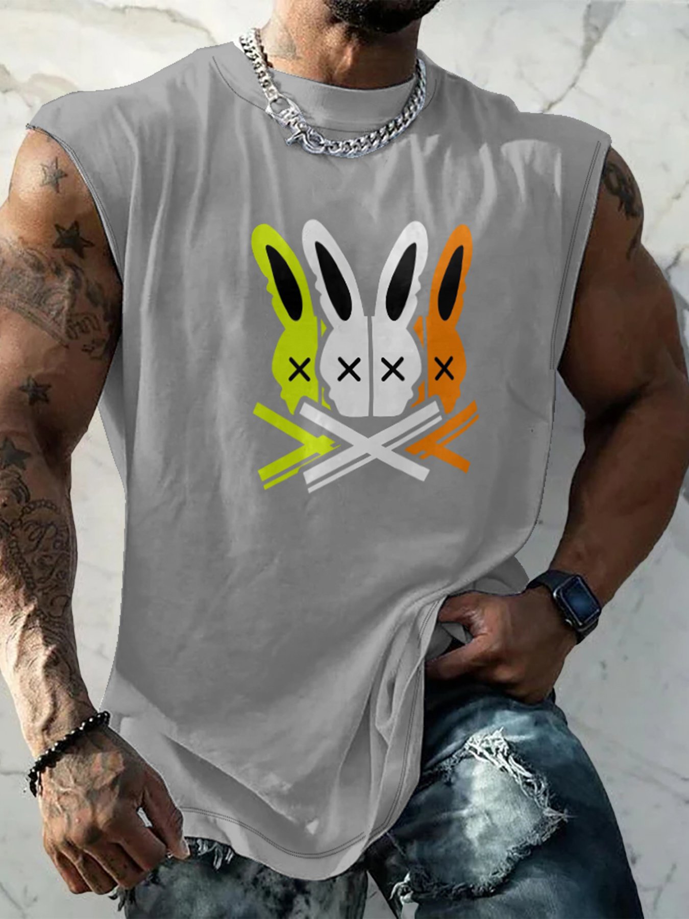 Mens Crewneck Tank Tops Rabbit Beach Sleeveless Shirt