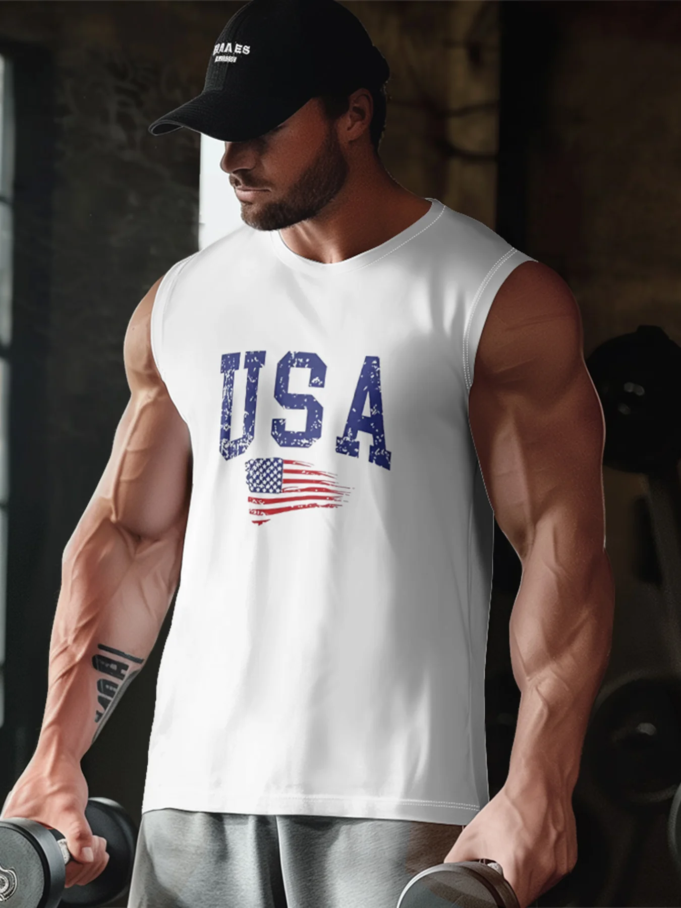 Mens Crewneck Tank Tops American Flag USA Beach Sleeveless Shirt