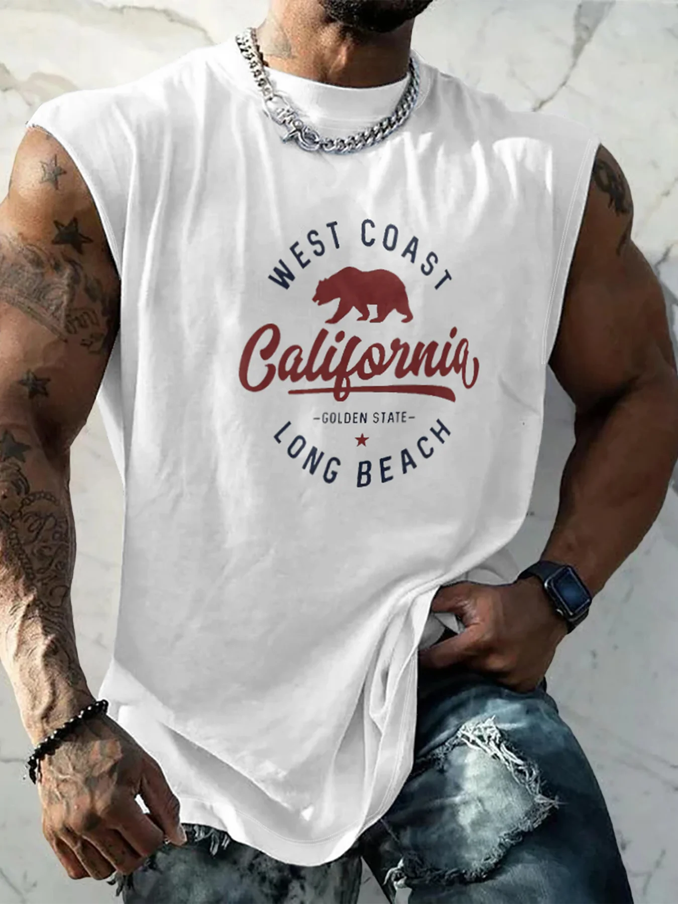 Mens Crewneck Tank Tops California West Coast Beach Sleeveless Shirt