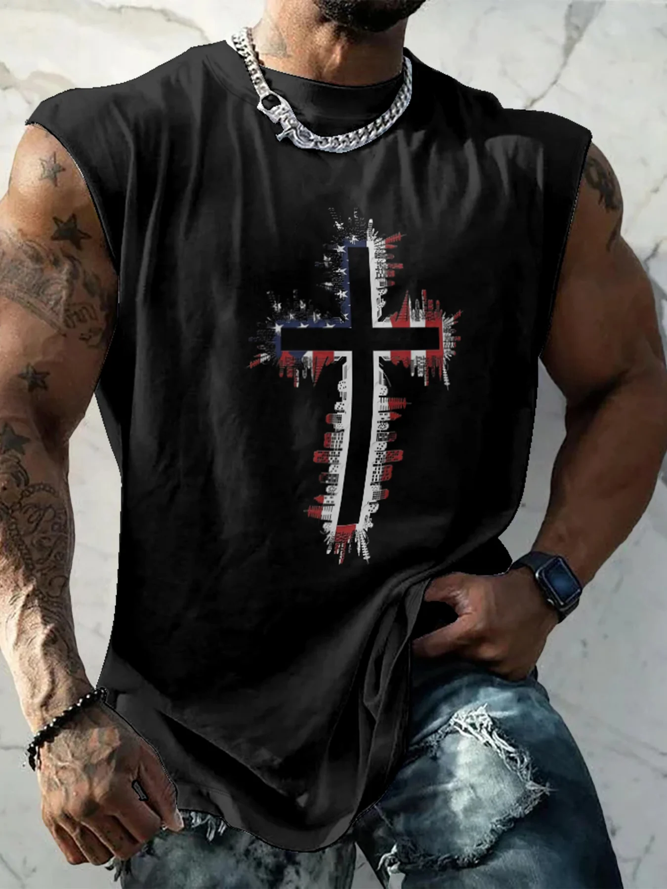 Mens Crewneck Tank Tops American Flag Cross Beach Sleeveless Shirt