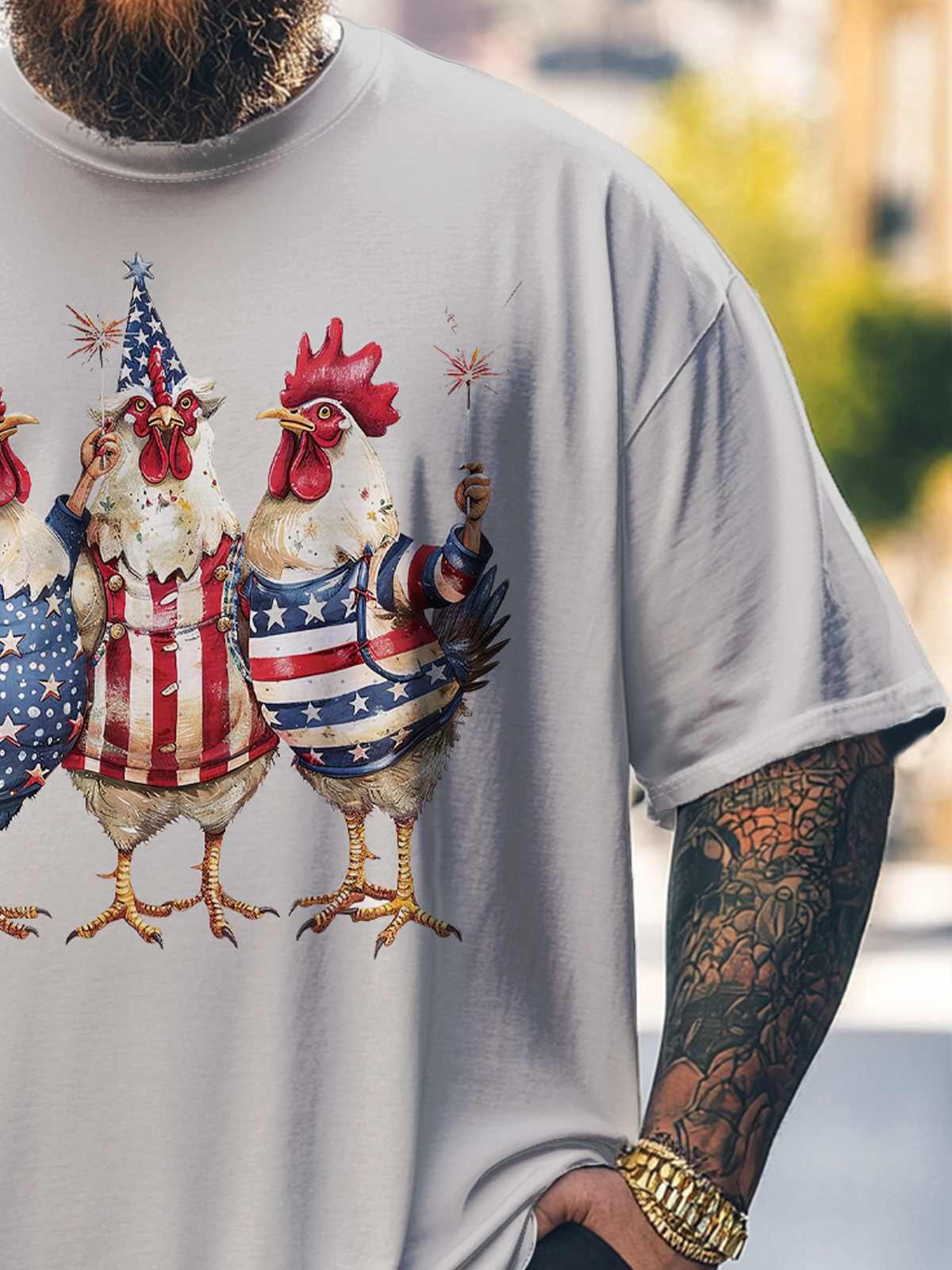 Big Size Men's Happy Independence Day Chicken Loose T-shirt