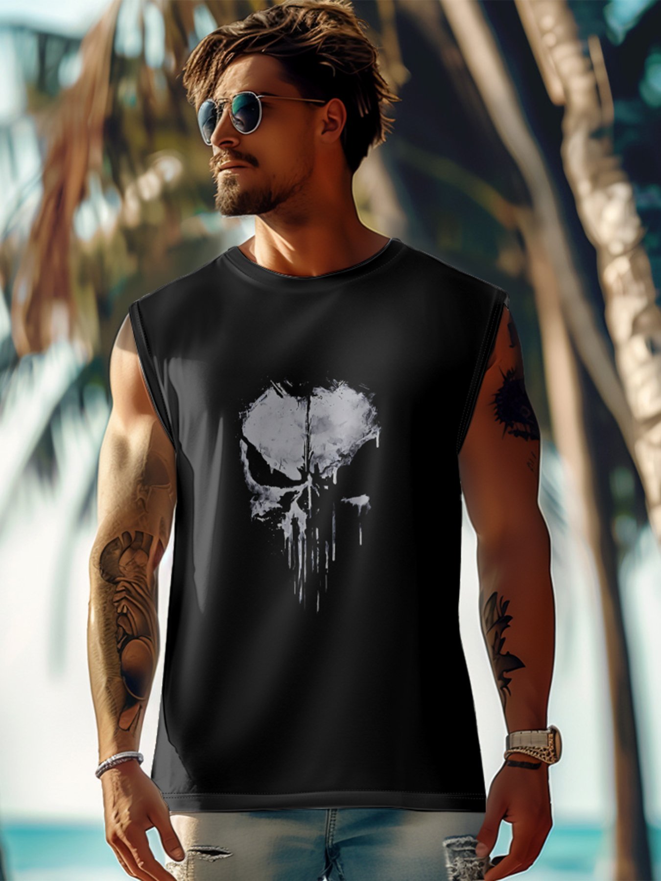 Mens Crewneck Tank Tops Rock Skull Beach Sleeveless Shirt