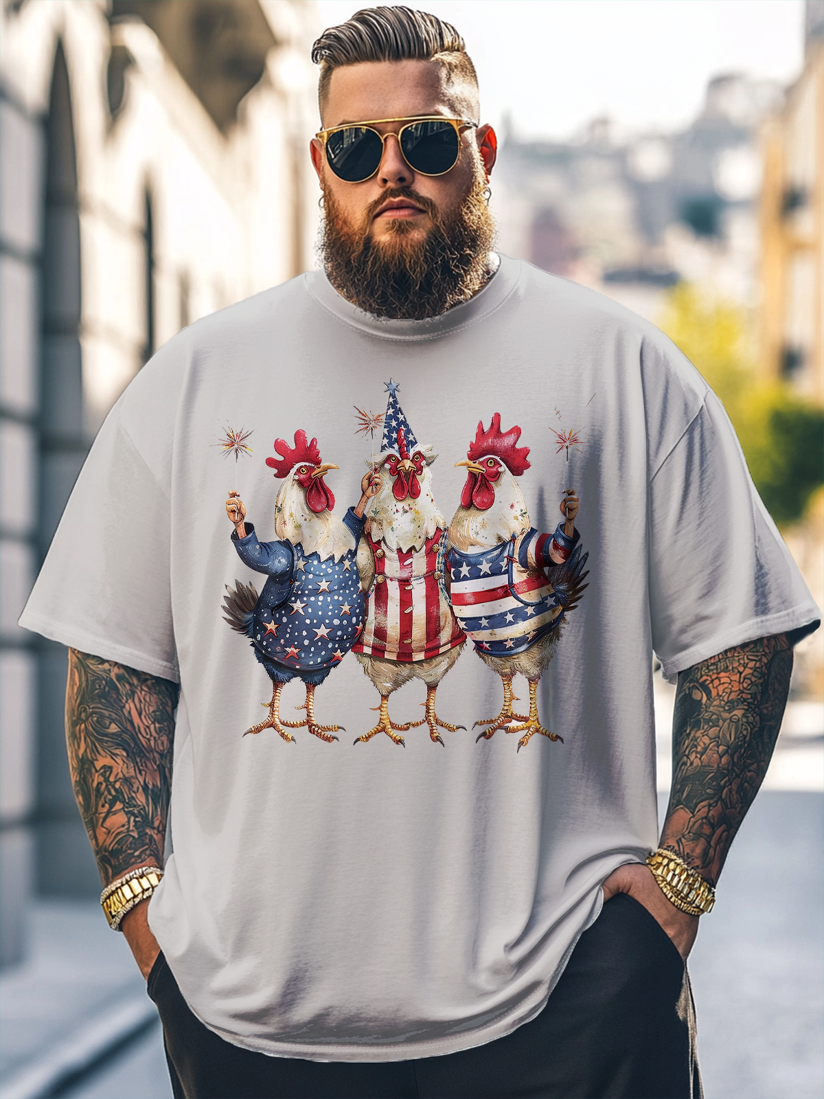 Big Size Men's Happy Independence Day Chicken Loose T-shirt