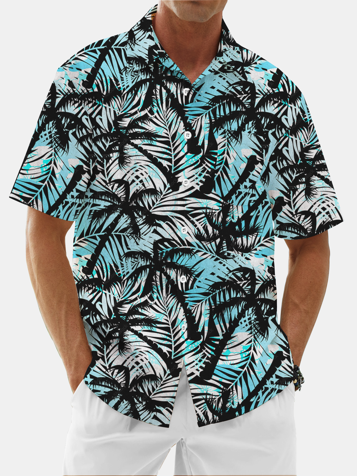 Moisture Wicking Gradient Plants Coconut Tree Chest Pocket Hawaiian Shirt