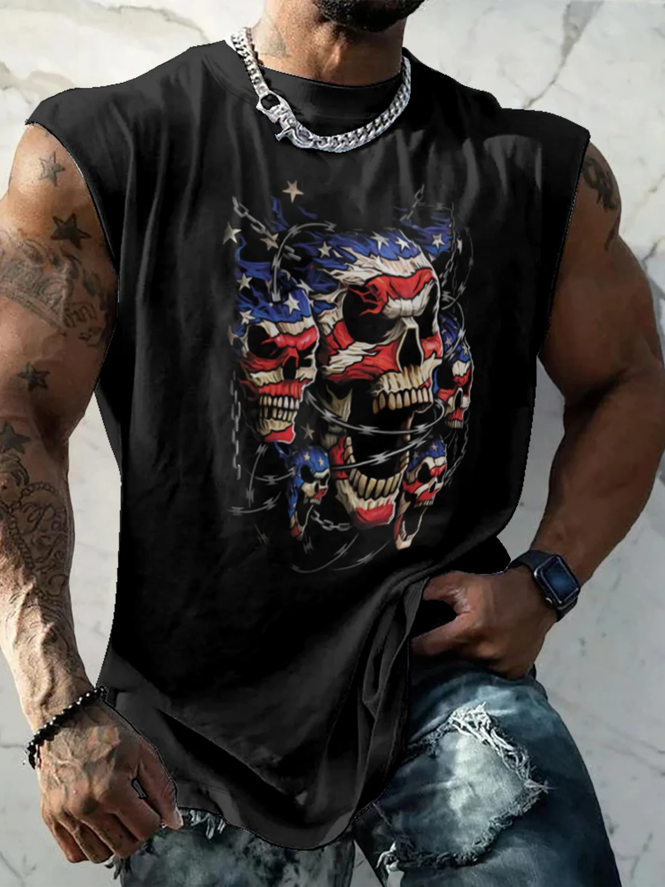 Mens Crewneck Tank Tops American Flag Skull Beach Sleeveless Shirt