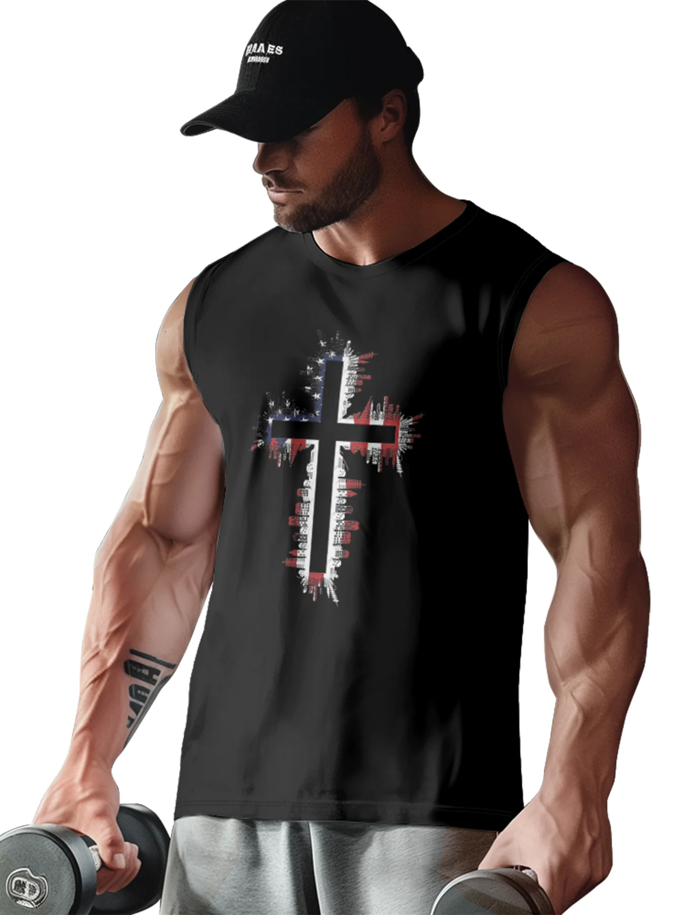 Mens Crewneck Tank Tops American Flag Cross Beach Sleeveless Shirt