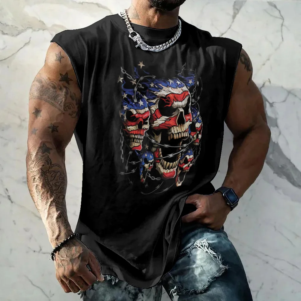 Mens Crewneck Tank Tops American Flag Skull Beach Sleeveless Shirt