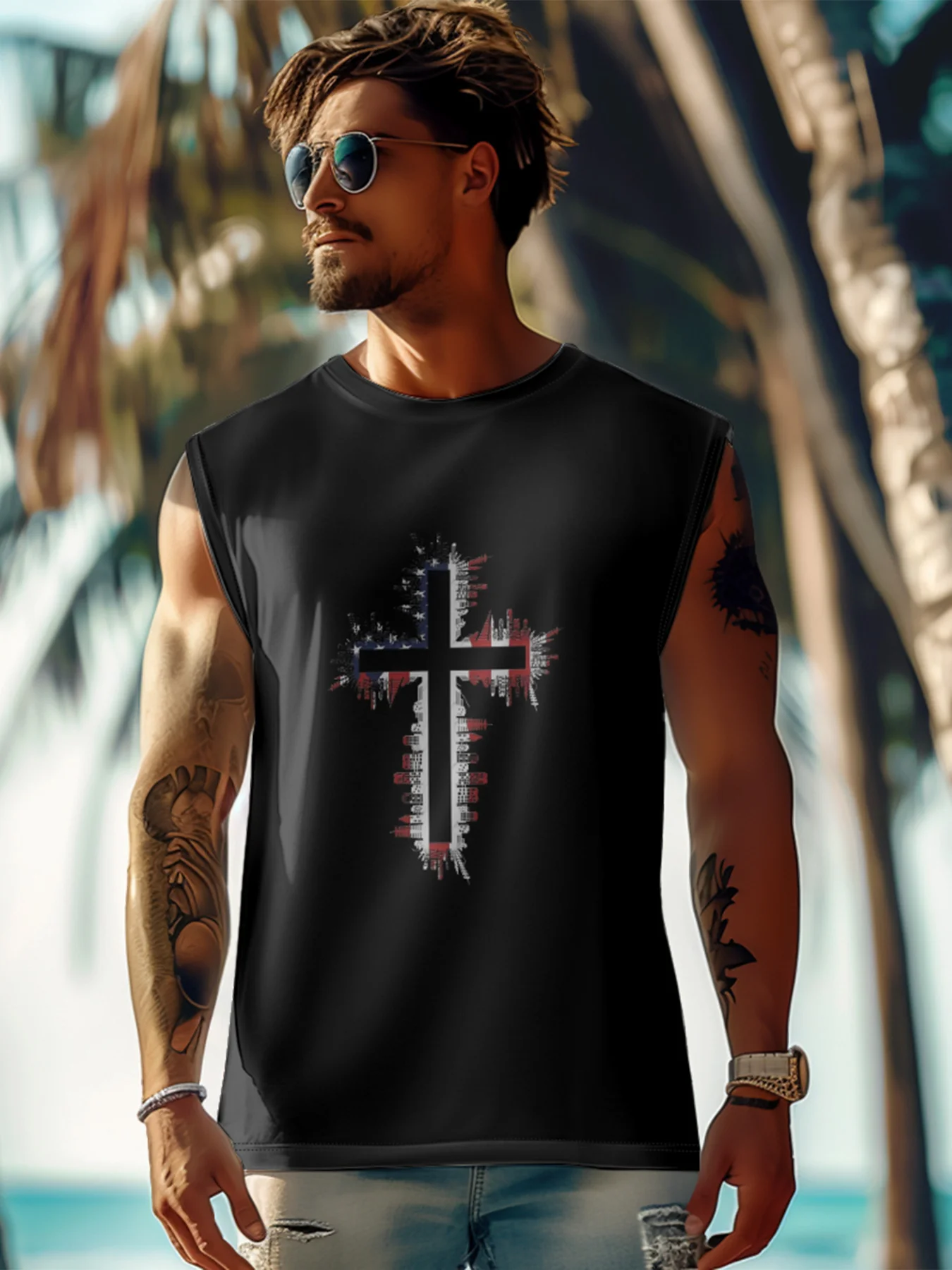 Mens Crewneck Tank Tops American Flag Cross Beach Sleeveless Shirt