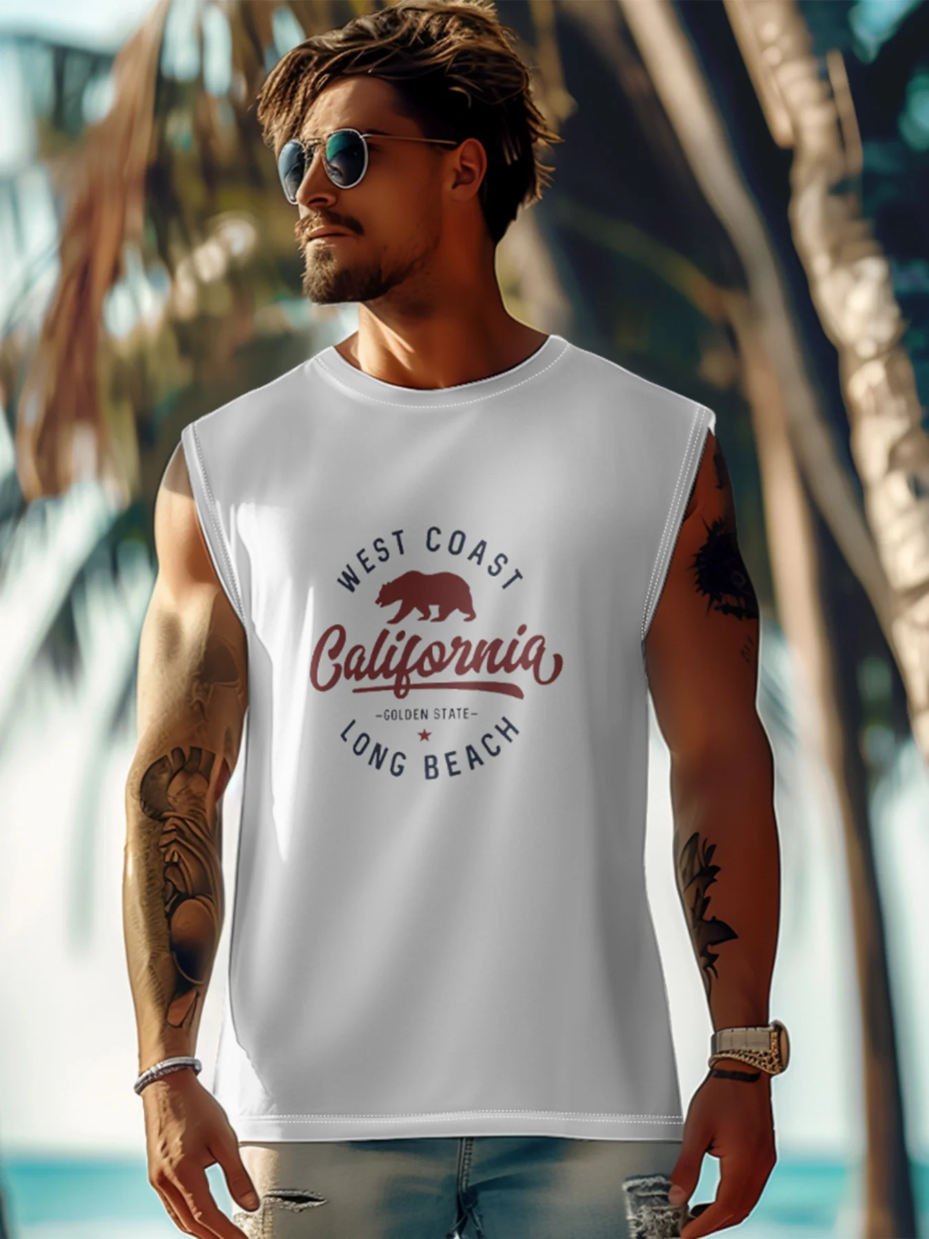 Mens Crewneck Tank Tops California West Coast Beach Sleeveless Shirt