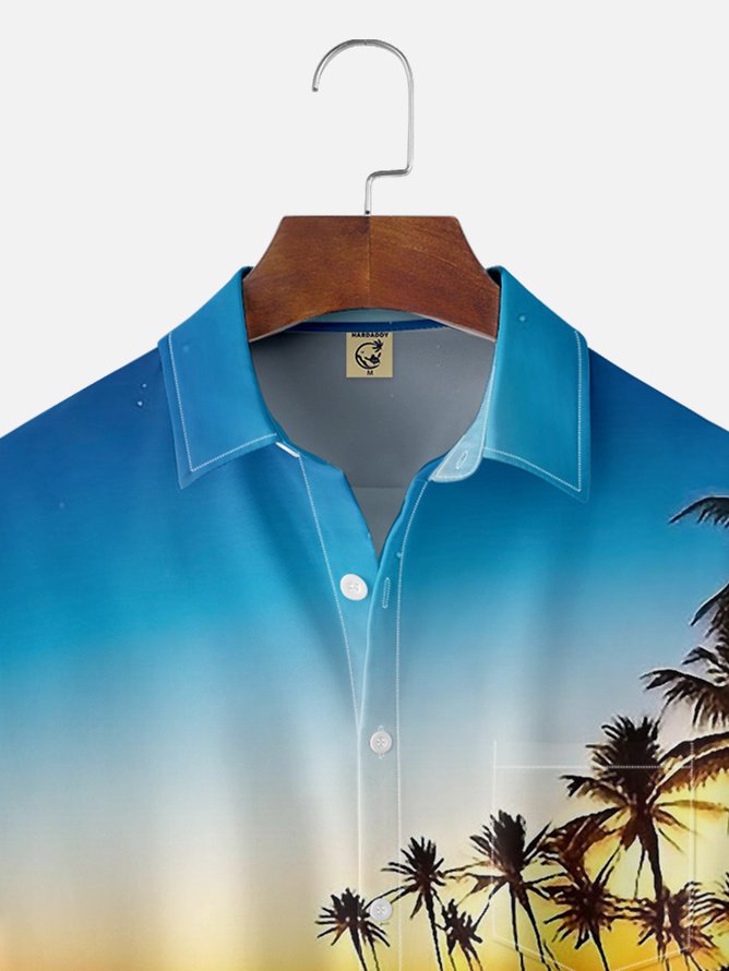 Tall Size Moisture-wicking Palm Tree Chest Pocket Hawaiian Shirt