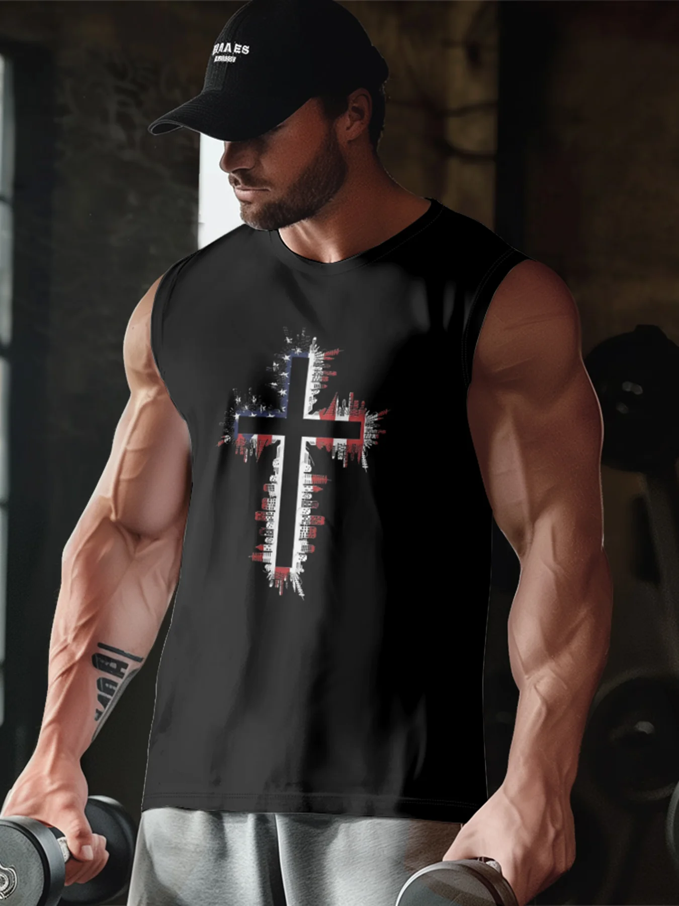 Mens Crewneck Tank Tops American Flag Cross Beach Sleeveless Shirt