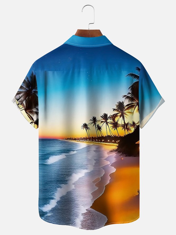 Tall Size Moisture-wicking Palm Tree Chest Pocket Hawaiian Shirt