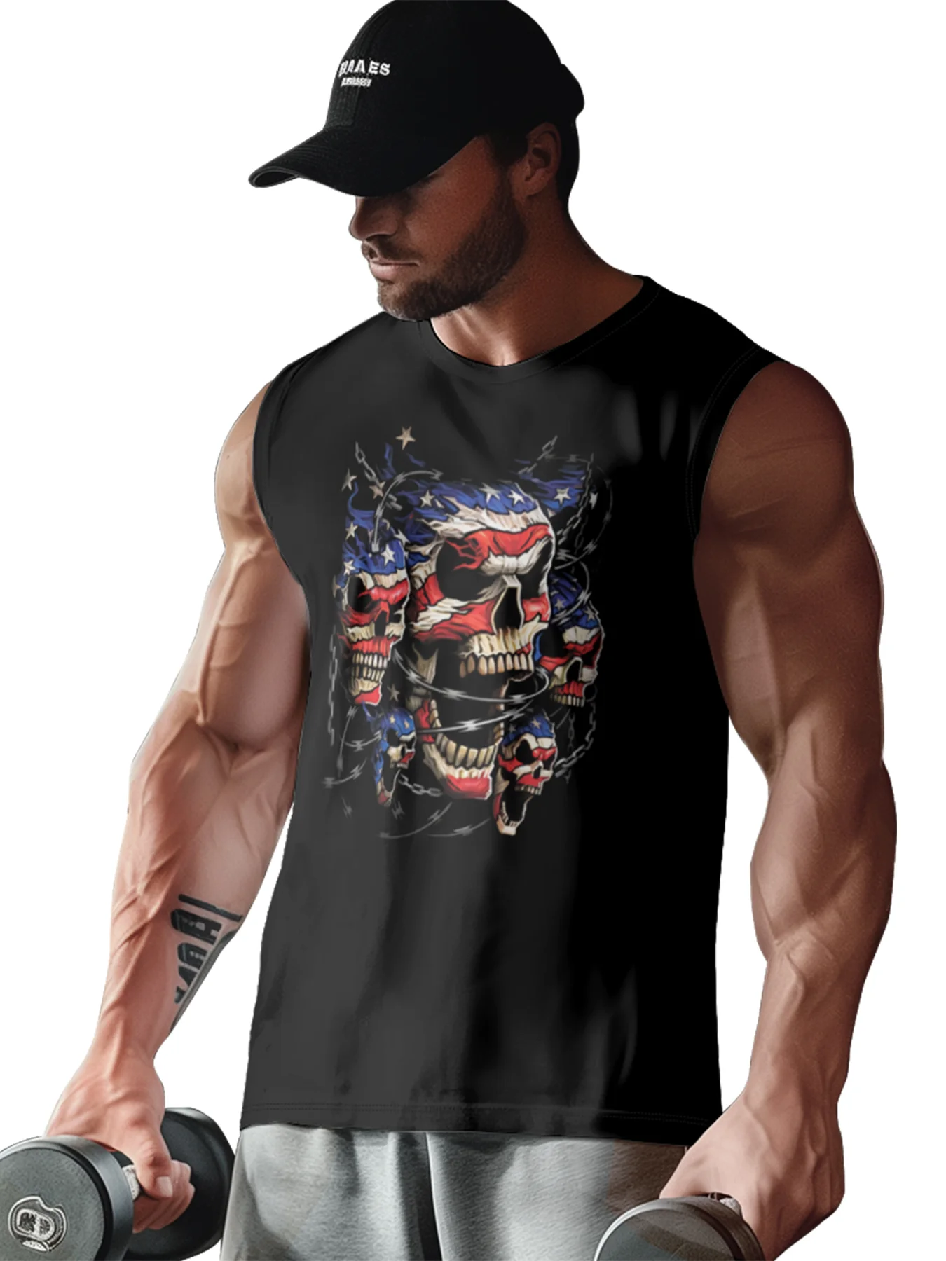 Mens Crewneck Tank Tops American Flag Skull Beach Sleeveless Shirt