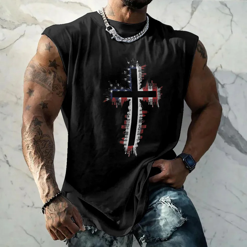 Mens Crewneck Tank Tops American Flag Cross Beach Sleeveless Shirt