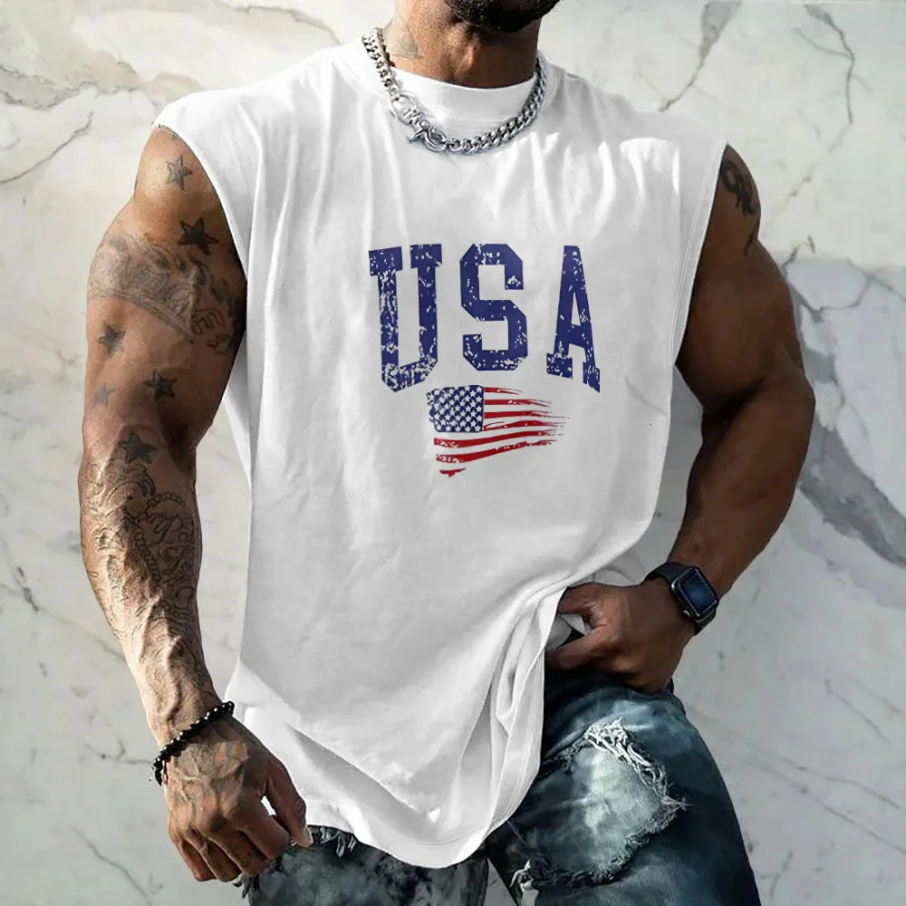 Mens Crewneck Tank Tops American Flag USA Beach Sleeveless Shirt
