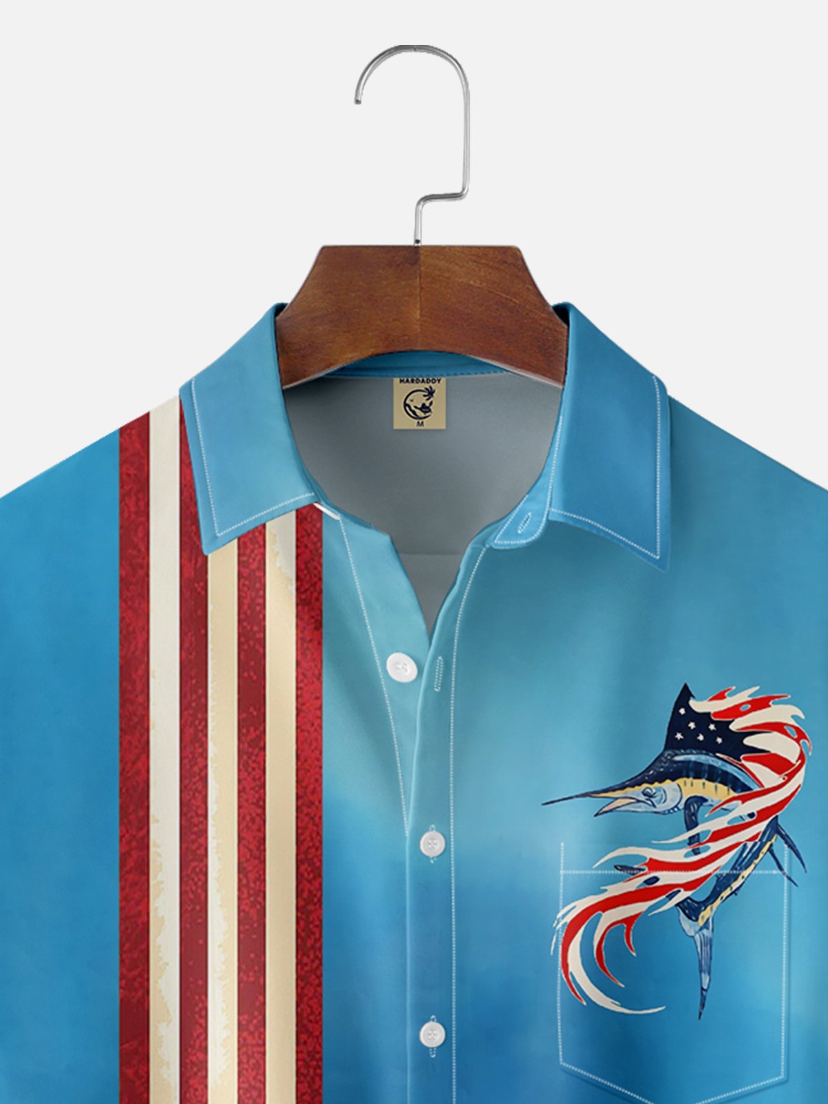 Moisture-wicking American Flag Day Swordfish Chest Pocket Bowling Shirt