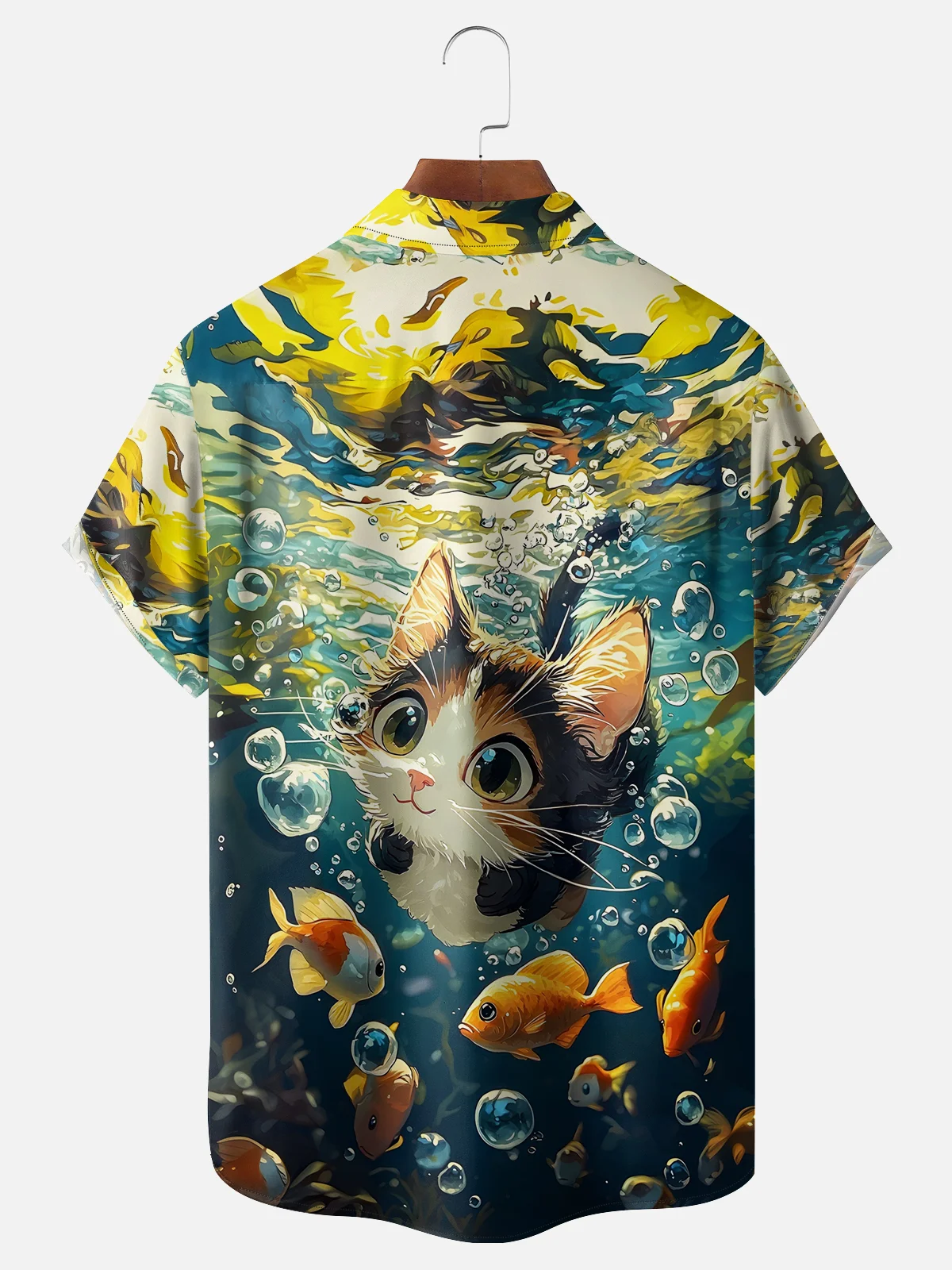 Moisture-wicking Cat and Fishes Chest Pocket Hawaiian Shirt
