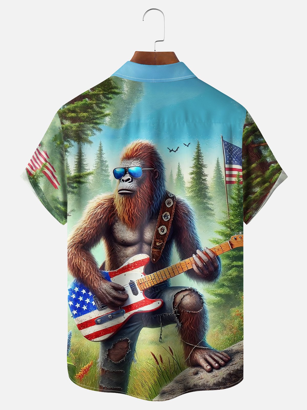 Tall Size Moisture-wicking American Flag Bigfoot Guitar Rock Chest Pocket Hawaiian Shirt