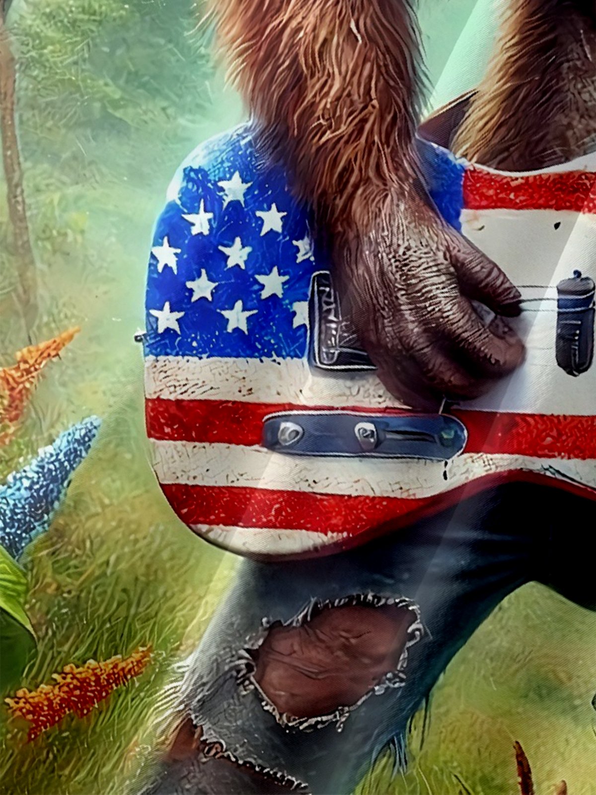 Tall Size Moisture-wicking American Flag Bigfoot Guitar Rock Chest Pocket Hawaiian Shirt